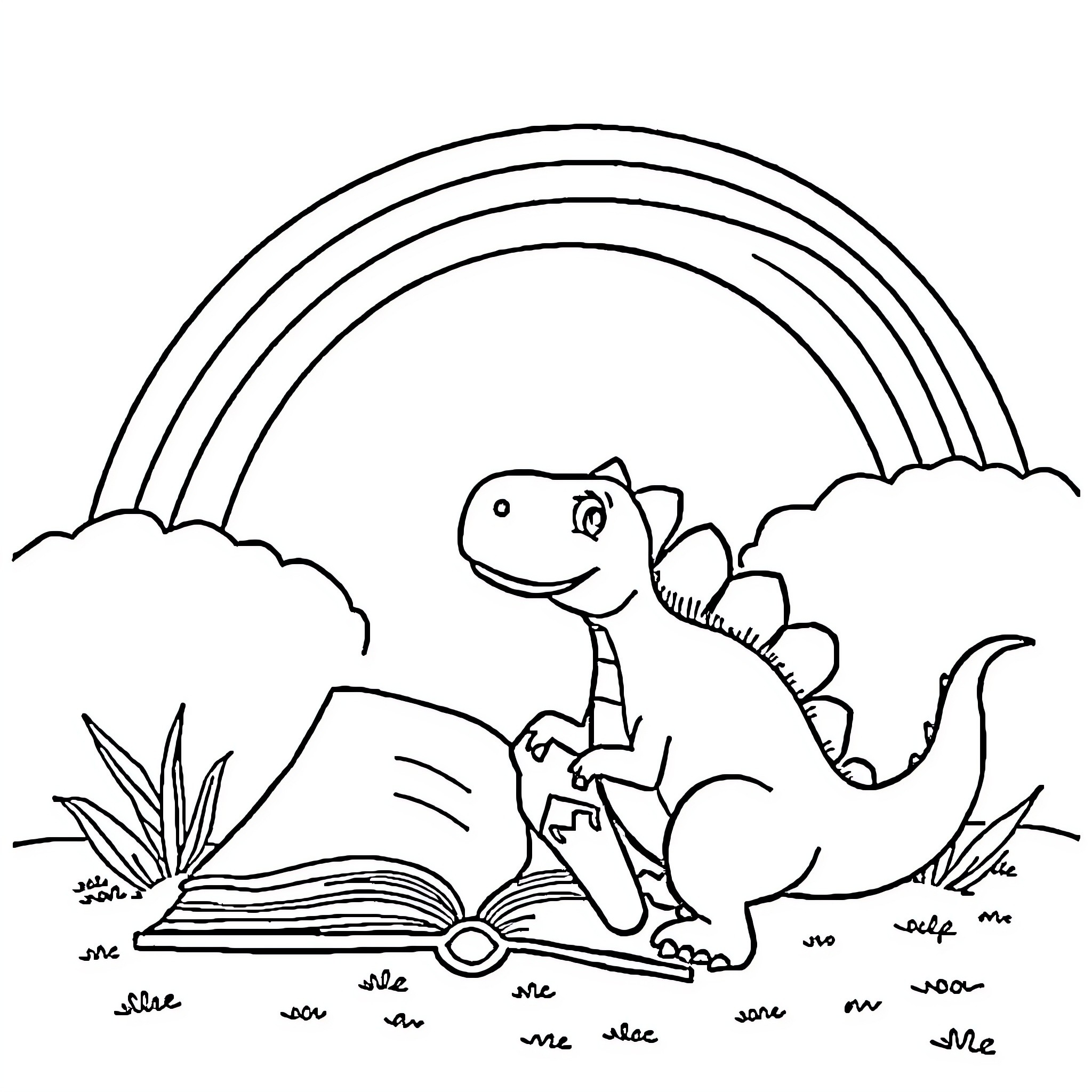 Dinosaur reading a book under a rainbow Coloring Page (free black-and-white line drawing printable PDF for all, from beginners to advanced learners, including children, teens, adults, and seniors)