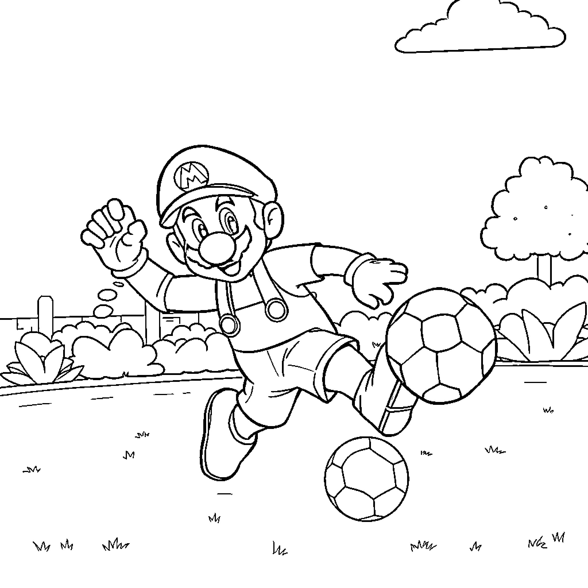 Super Mario Soccer Adventure in Outdoor Park Coloring Page (free black-and-white line drawing printable PDF for all, from beginners to advanced learners, including children, teens, adults, and seniors)