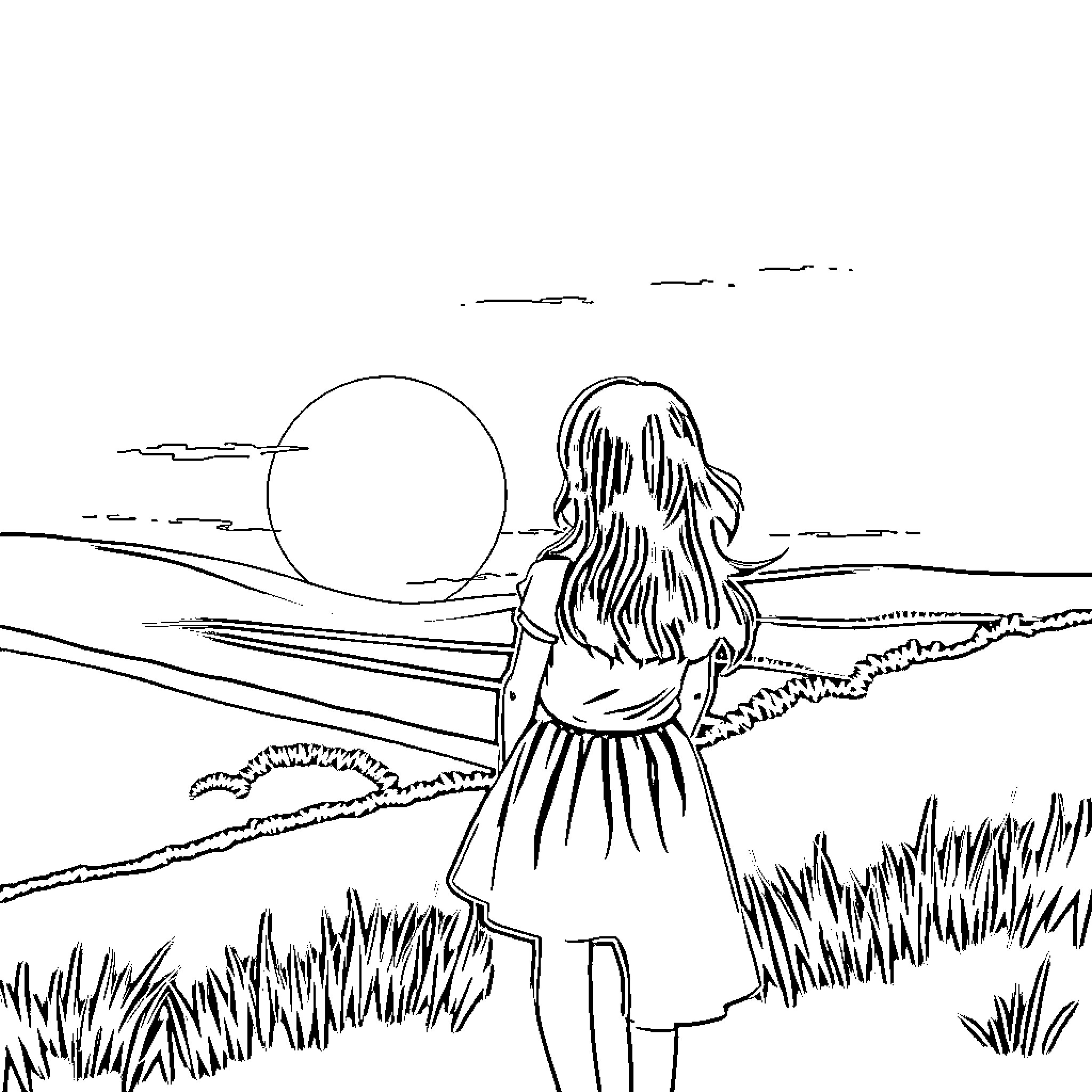 Girl watches the sunset in a peaceful landscape Coloring Page (free black-and-white line drawing printable PDF for all, from beginners to advanced learners, including children, teens, adults, and seniors)