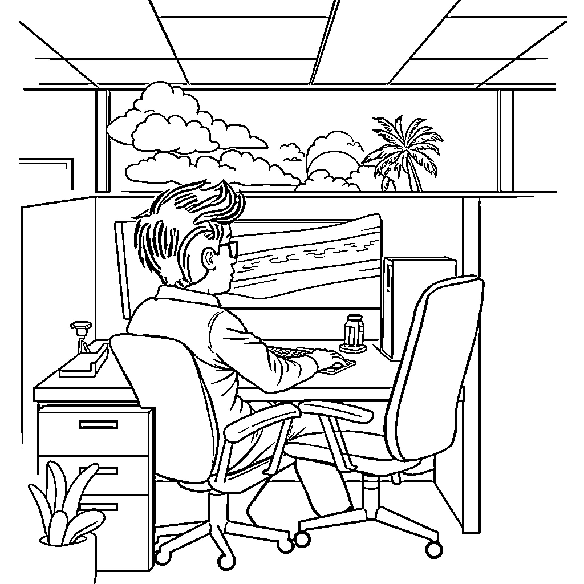 Office Worker Relaxing with a View Coloring Page (free black-and-white line drawing printable PDF for all, from beginners to advanced learners, including children, teens, adults, and seniors)