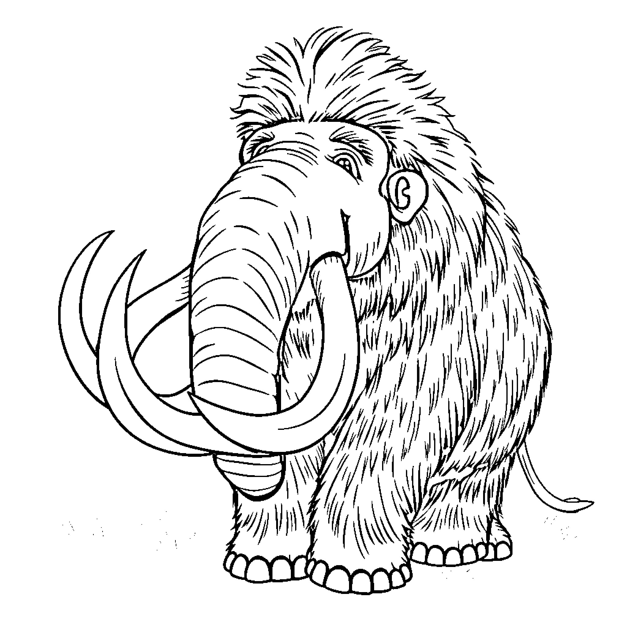 Woolly Mammoth with Fierce Expression Coloring Page (free black-and-white line drawing printable PDF for all, from beginners to advanced learners, including children, teens, adults, and seniors)