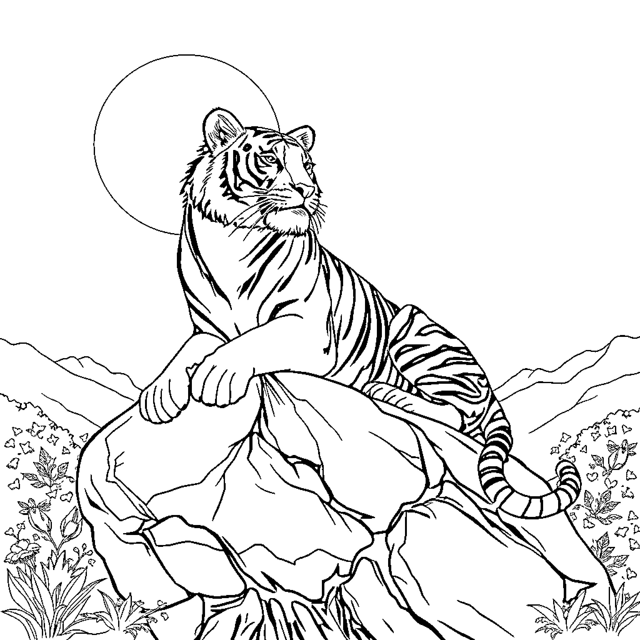 Tiger Resting in Wilderness Landscape Coloring Page (free black-and-white line drawing printable PDF for all, from beginners to advanced learners, including children, teens, adults, and seniors)