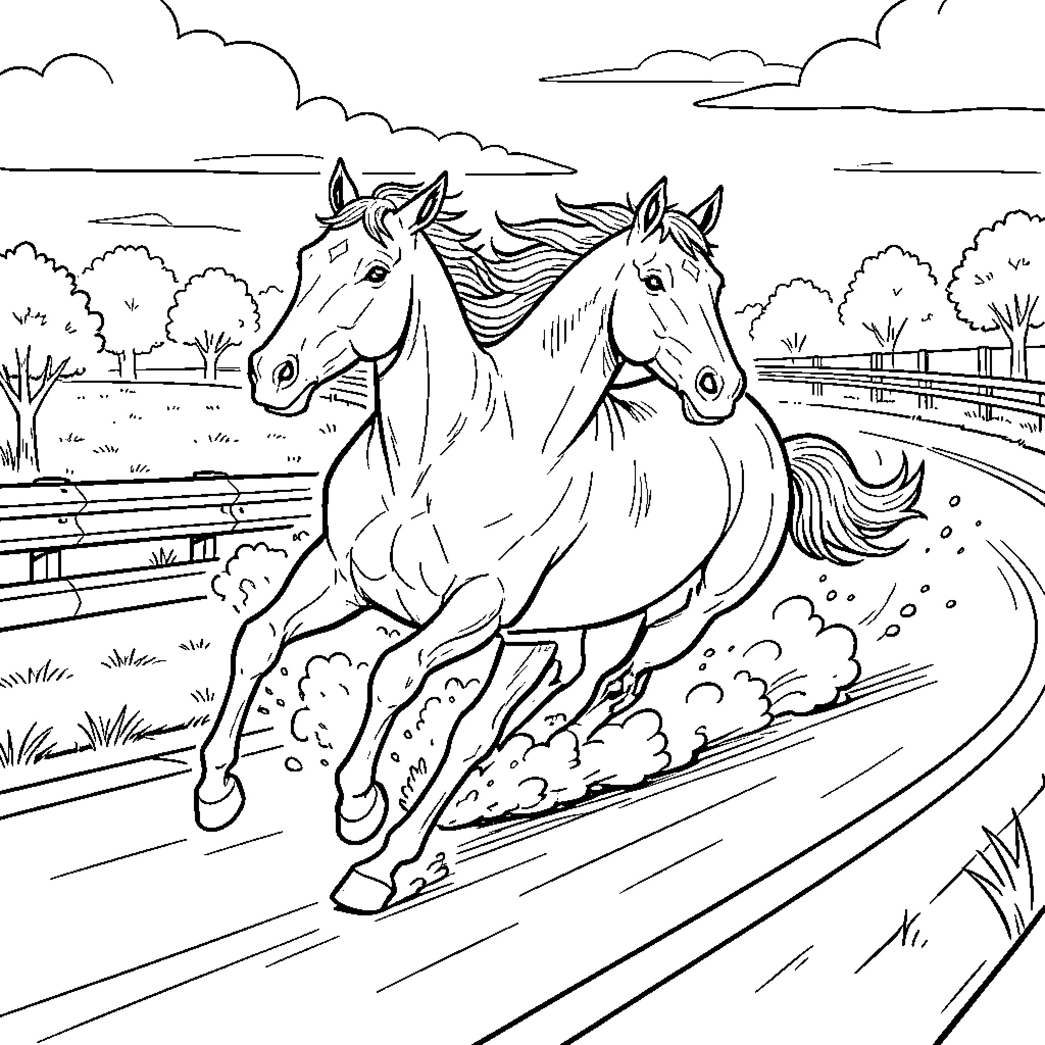 Mustang horses galloping fast on a racetrack Coloring Page (free black-and-white line drawing printable PDF for all, from beginners to advanced learners, including children, teens, adults, and seniors)