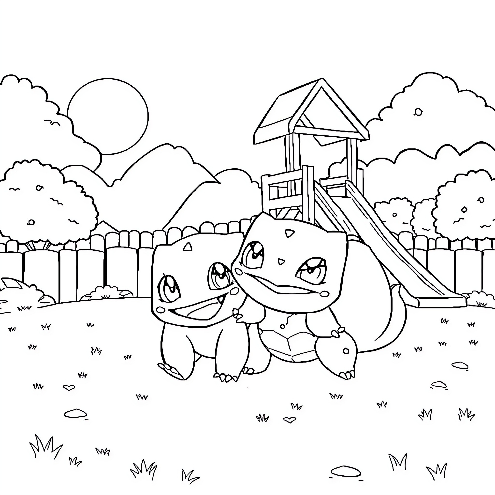 Squeak and Friends Play on the Playground Coloring Page (free black-and-white line drawing printable PDF for all, from beginners to advanced learners, including children, teens, adults, and seniors)