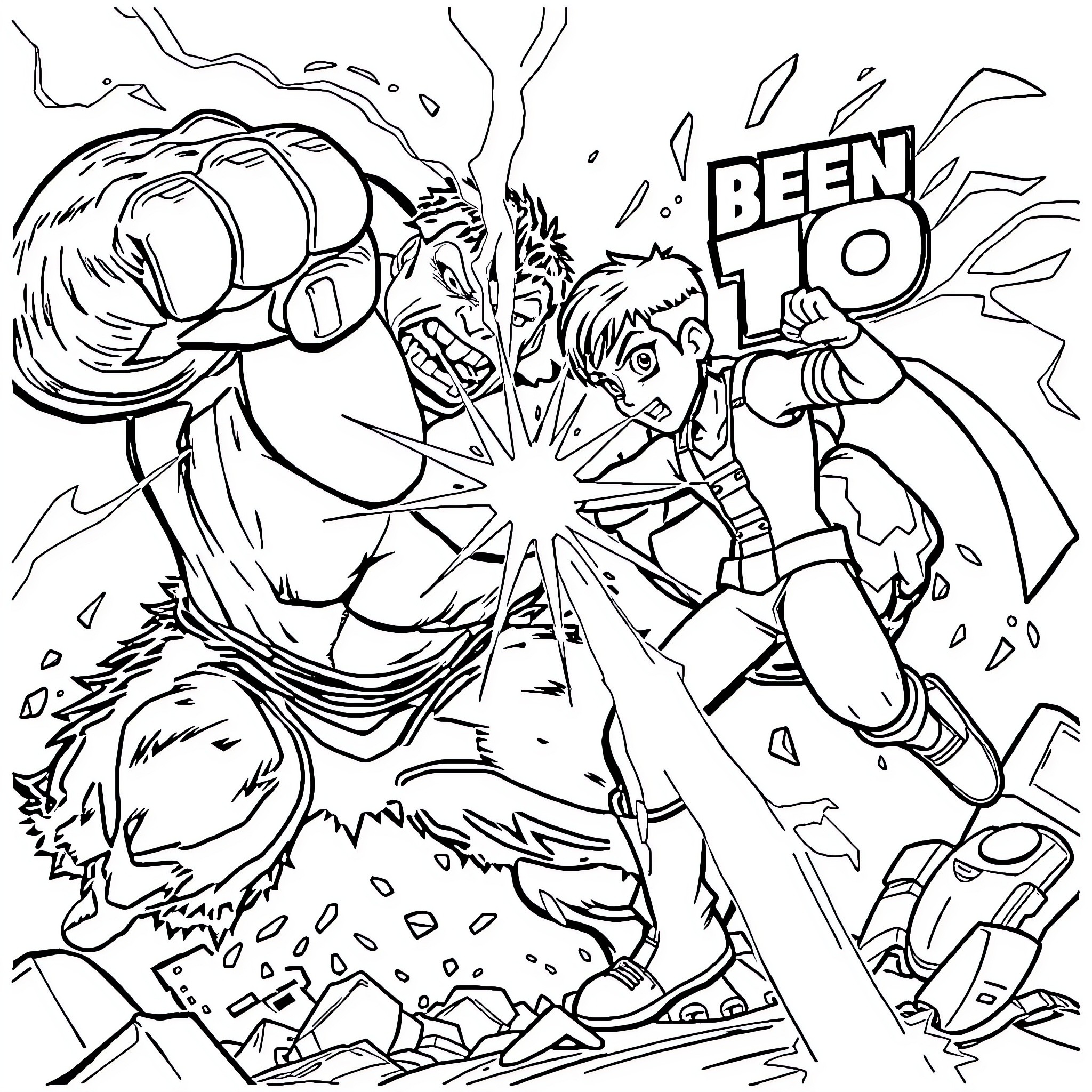 Ben 10 Battling Adversaries in Dramatic Action Coloring Page (free black-and-white line drawing printable PDF for all, from beginners to advanced learners, including children, teens, adults, and seniors)