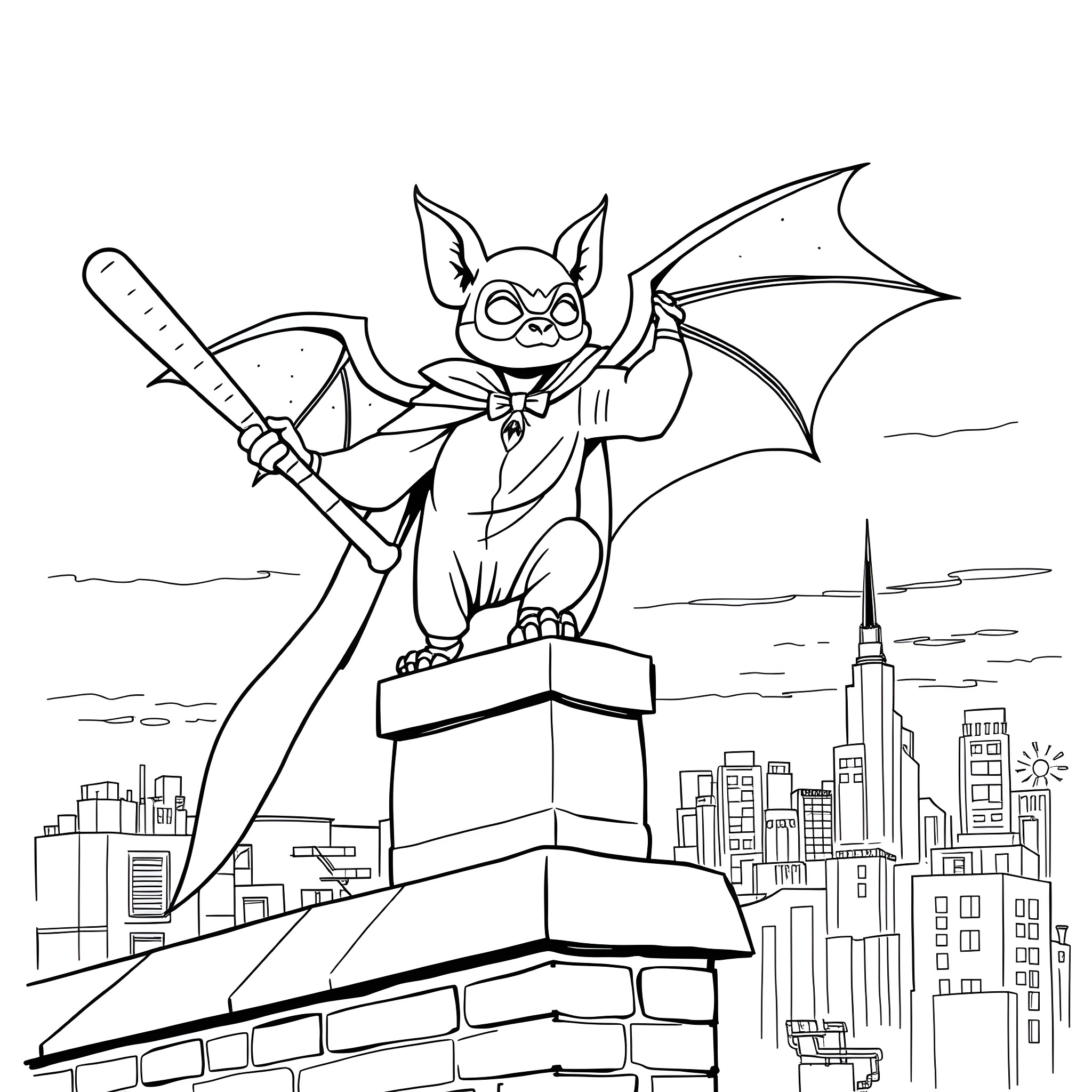 Bat superhero soaring over the city skyline Coloring Page (free black-and-white line drawing printable PDF for all, from beginners to advanced learners, including children, teens, adults, and seniors)