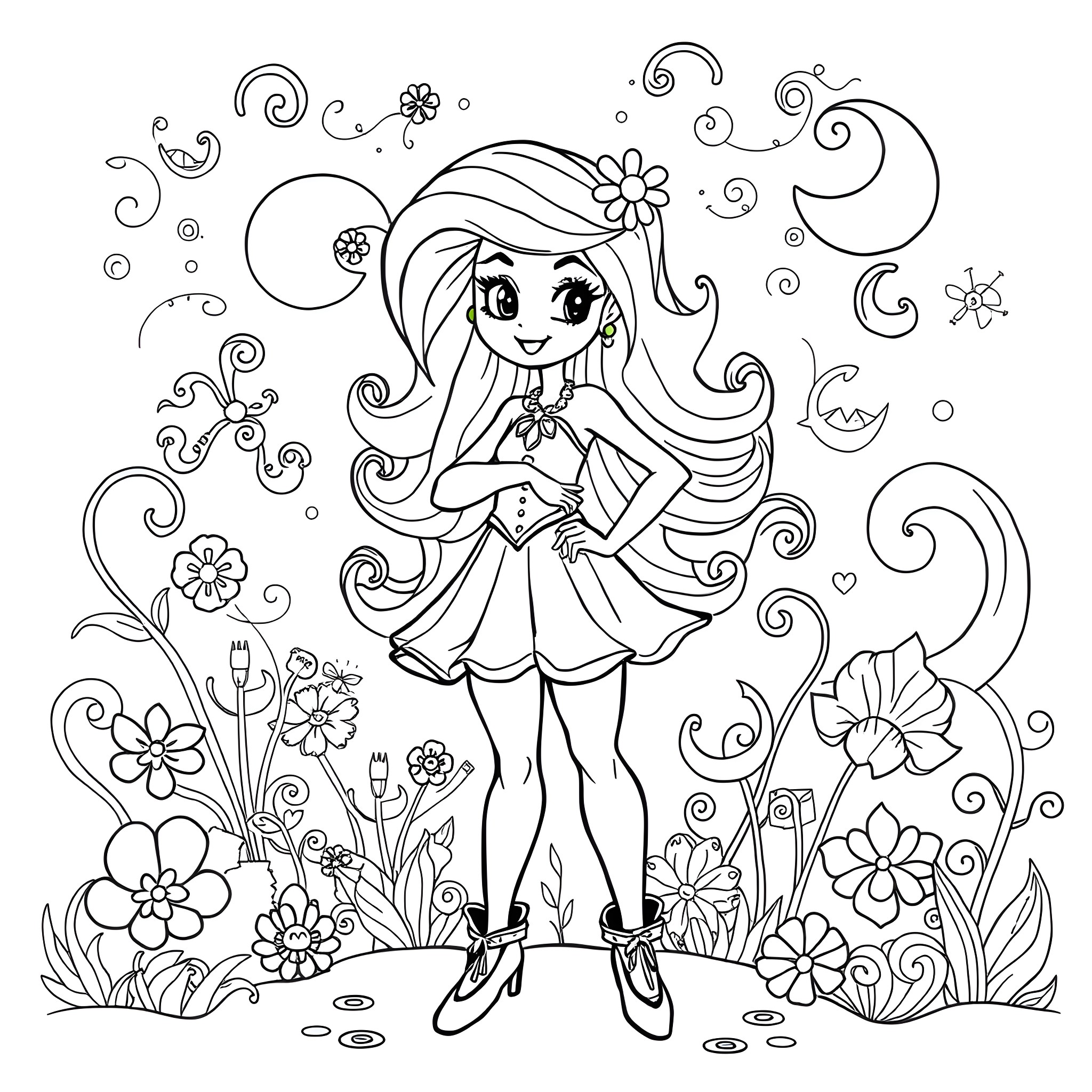 Bonnie Blue's Whimsical Garden Adventure Coloring Page (free black-and-white line drawing printable PDF for all, from beginners to advanced learners, including children, teens, adults, and seniors)