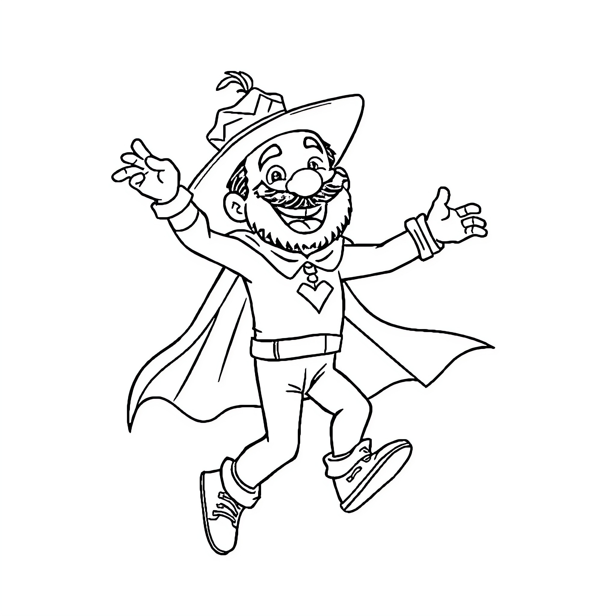 Superman in Playful Costume Jumping Joyfully Coloring Page (free black-and-white line drawing printable PDF for all, from beginners to advanced learners, including children, teens, adults, and seniors)