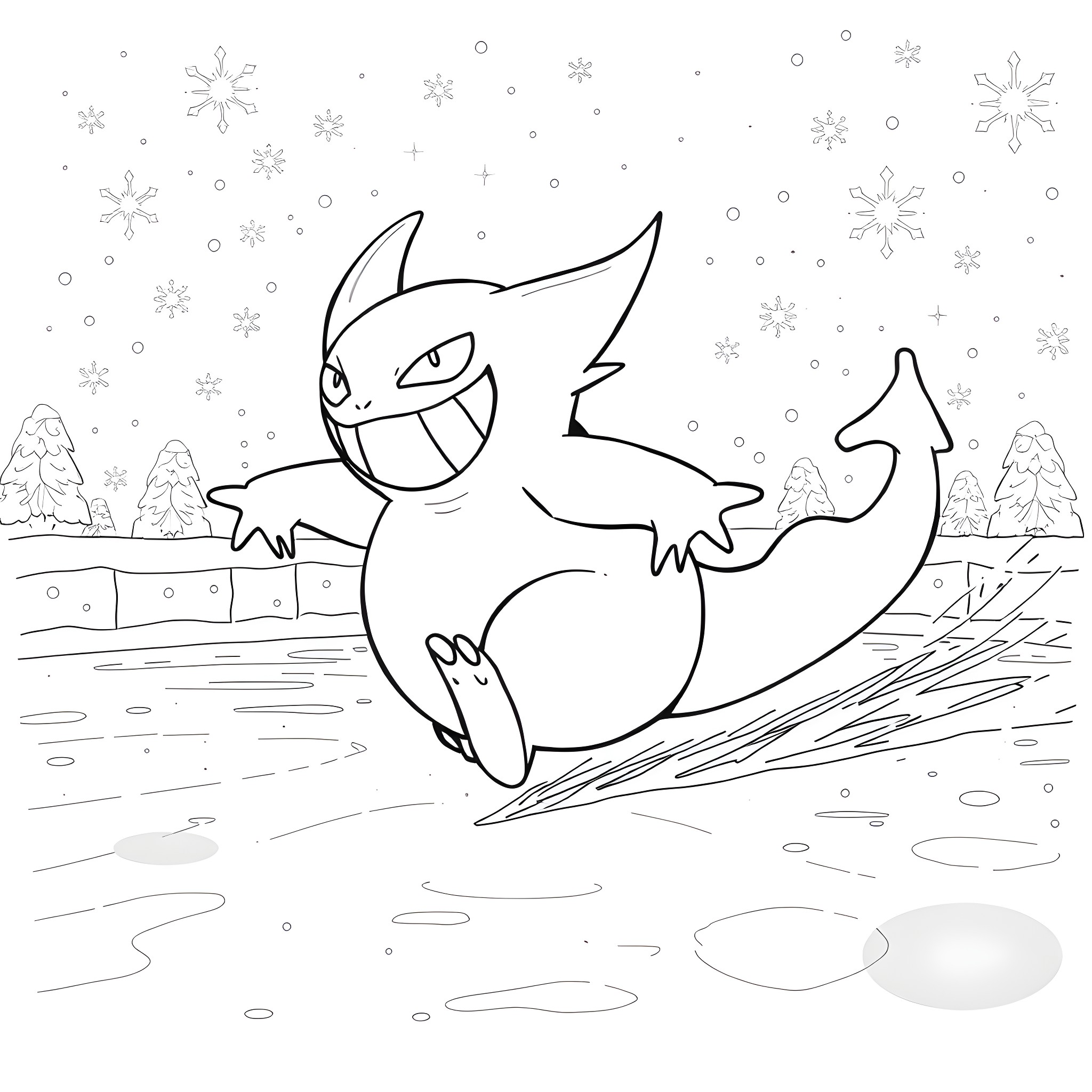 Gengar sliding through snowy landscape Coloring Page (free black-and-white line drawing printable PDF for all, from beginners to advanced learners, including children, teens, adults, and seniors)