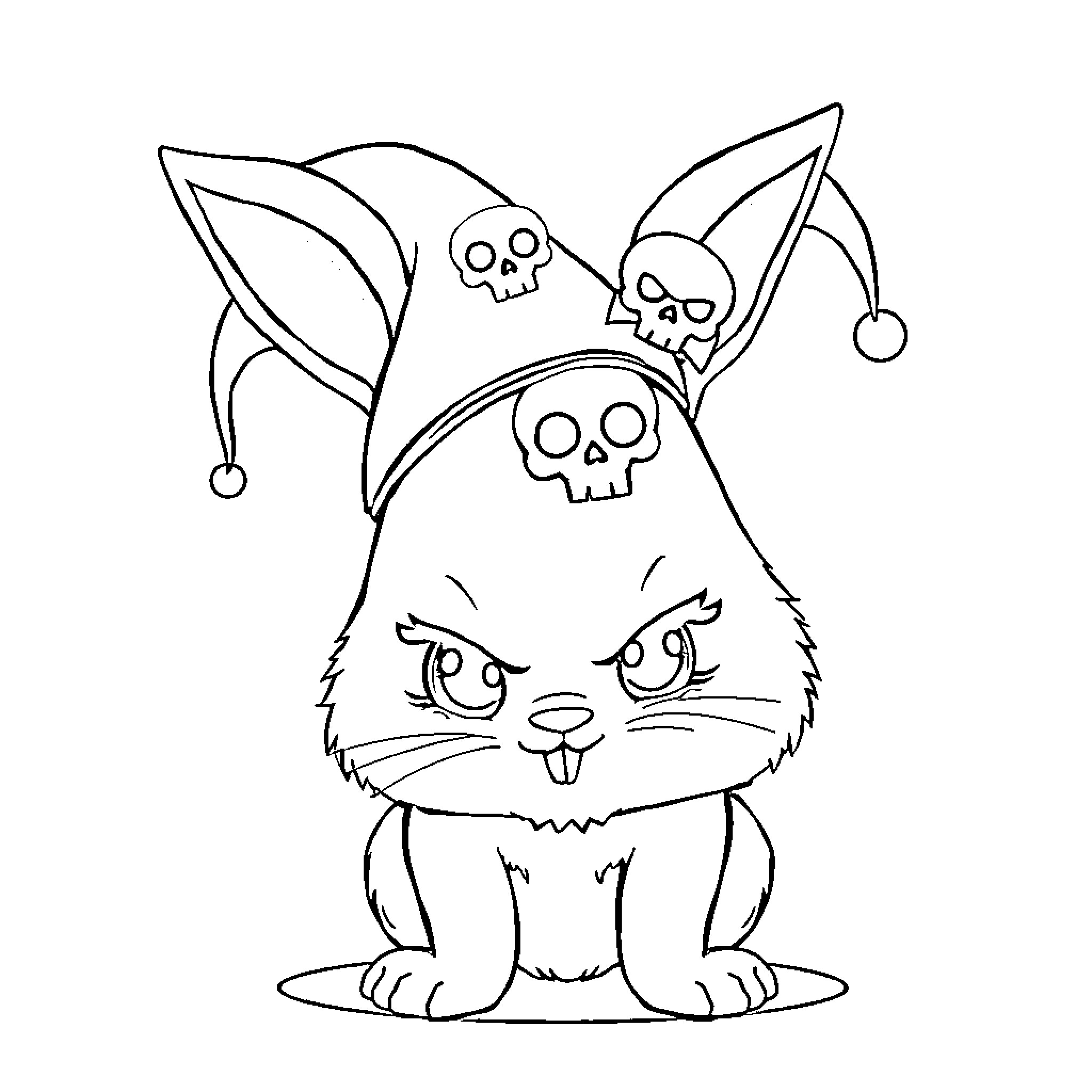 Kuromi wearing spooky hat with skulls Coloring Page (free black-and-white line drawing printable PDF for all, from beginners to advanced learners, including children, teens, adults, and seniors)