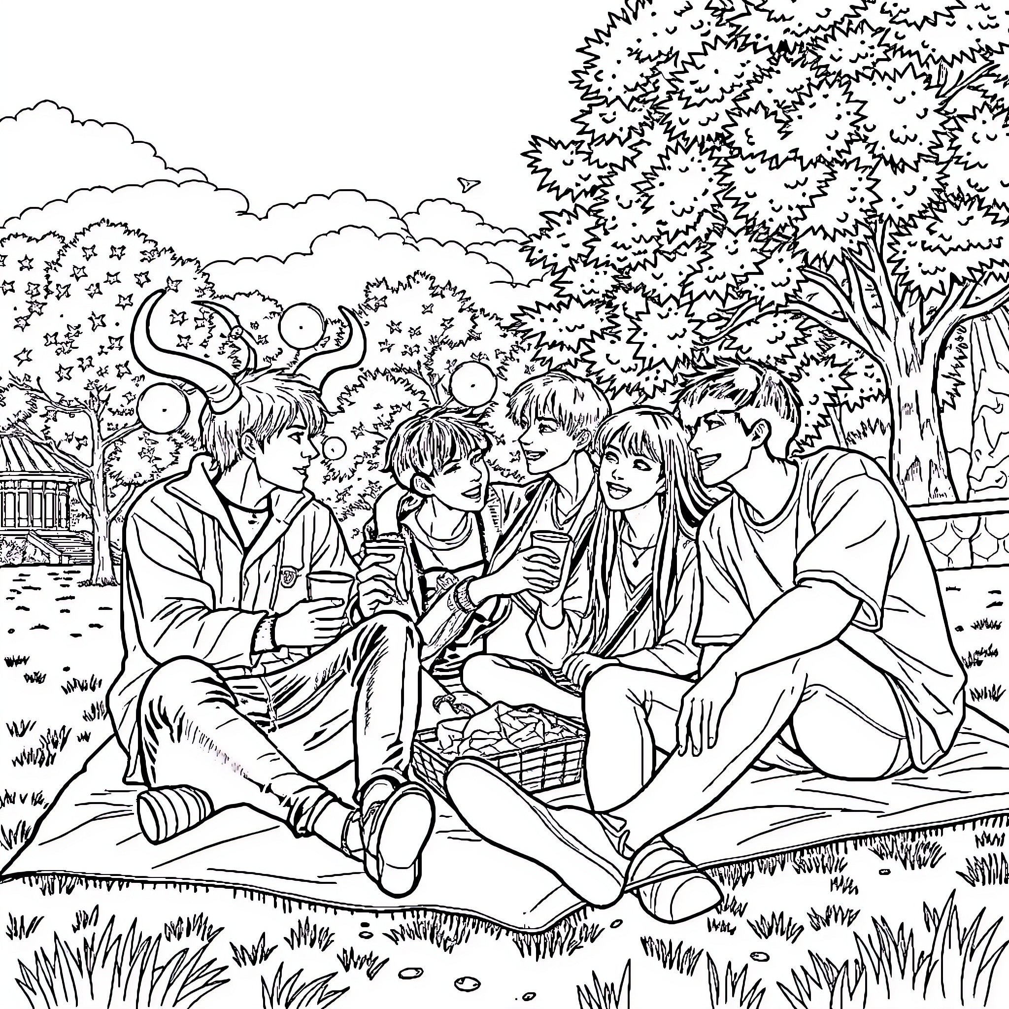 Demon Hunter Teenagers Relaxing in Enchanted Forest Coloring Page (free black-and-white line drawing printable PDF for all, from beginners to advanced learners, including children, teens, adults, and seniors)