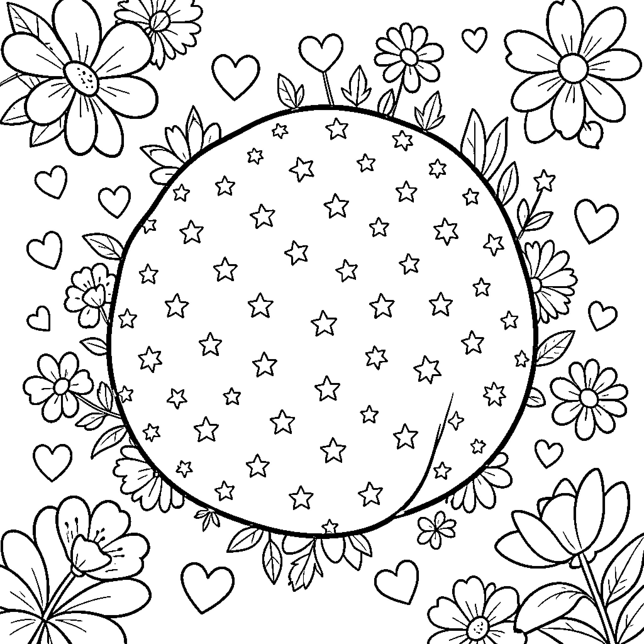 Dore floral wreath with stars and hearts pattern Coloring Page (free black-and-white line drawing printable PDF for all, from beginners to advanced learners, including children, teens, adults, and seniors)