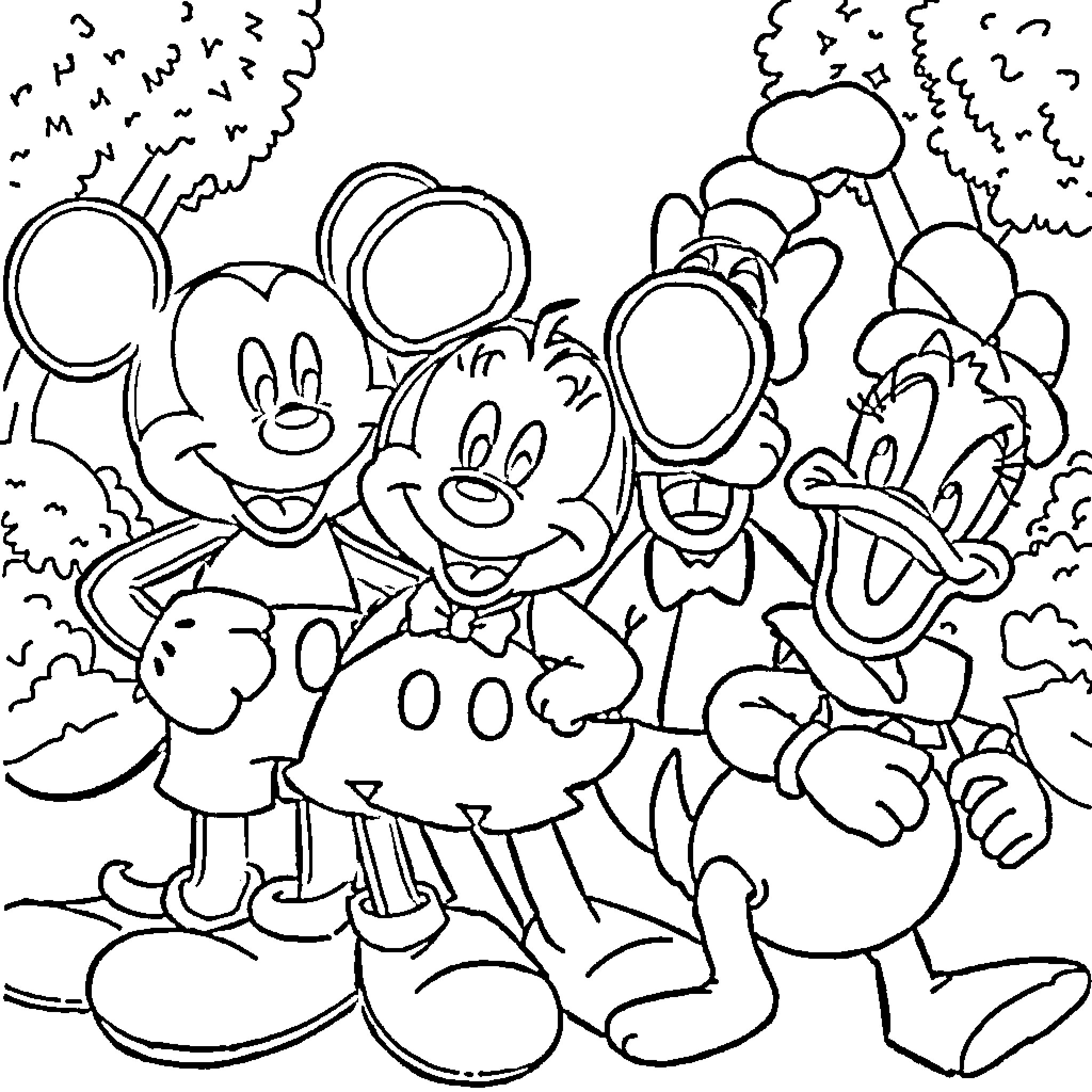 Disney Characters in a Playful Scene Coloring Page (free black-and-white line drawing printable PDF for all, from beginners to advanced learners, including children, teens, adults, and seniors)