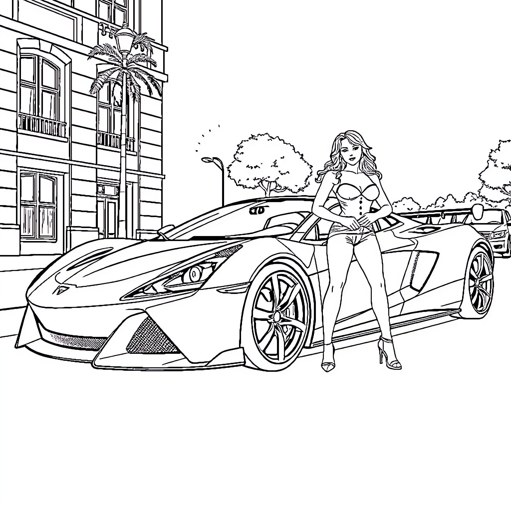 Sports Car with Glamorous Woman by Luxury House Coloring Page (free black-and-white line drawing printable PDF for all, from beginners to advanced learners, including children, teens, adults, and seniors)