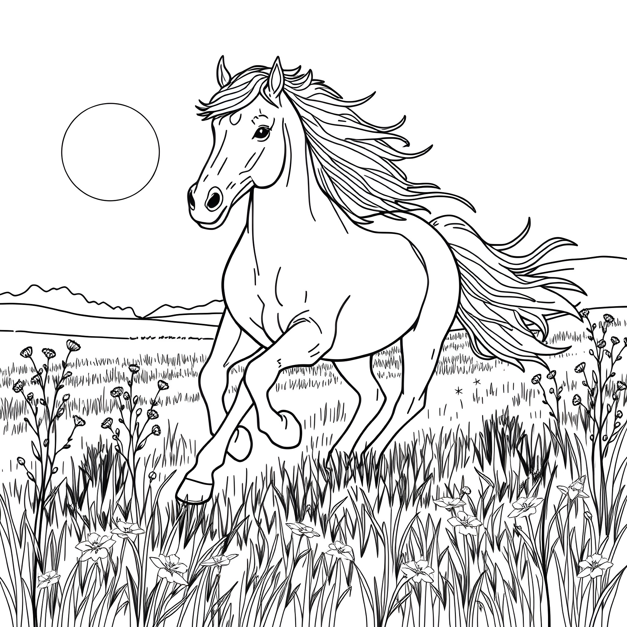 Horse galloping freely in a lush meadow Coloring Page (free black-and-white line drawing printable PDF for all, from beginners to advanced learners, including children, teens, adults, and seniors)