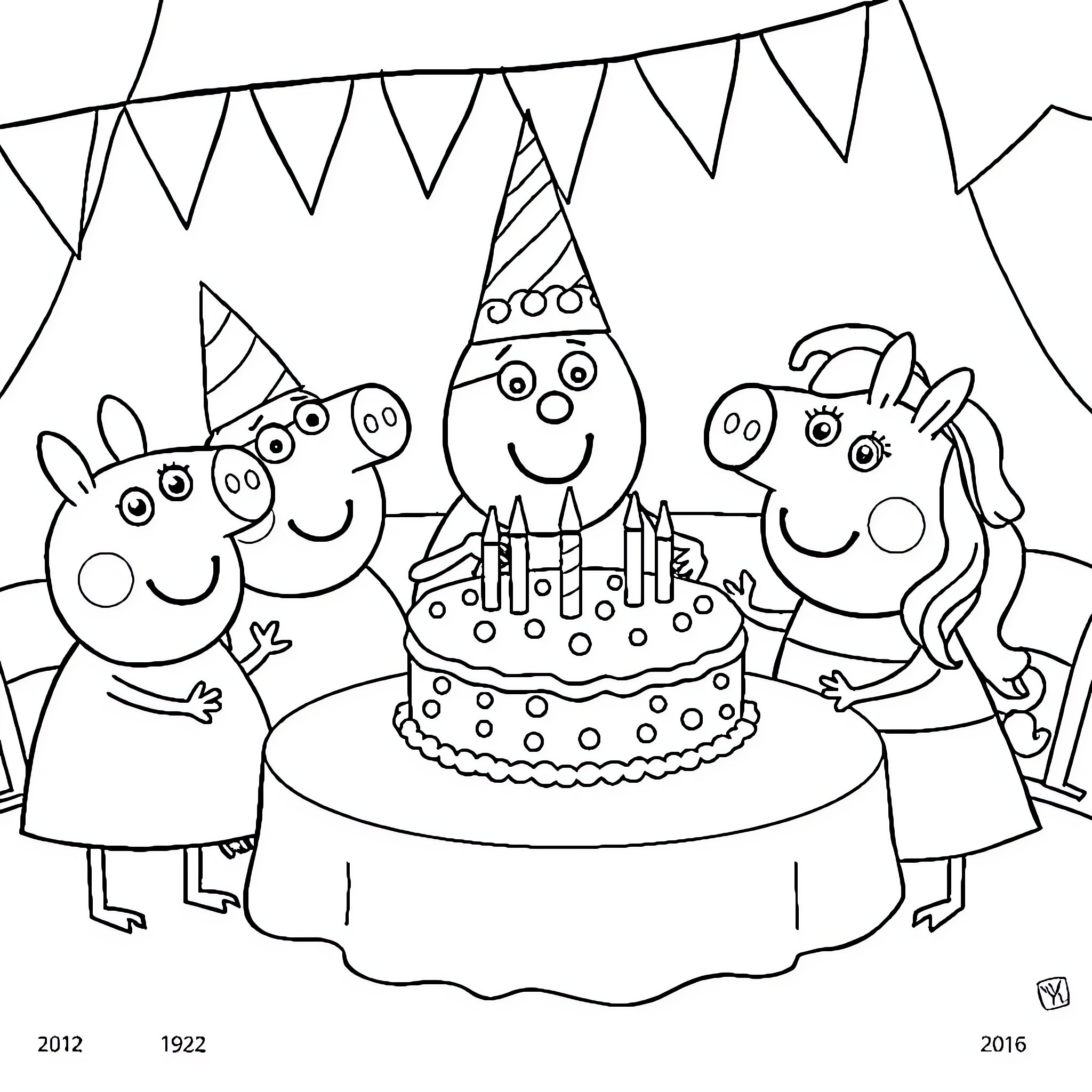 Peppa Pig and friends celebrate with birthday cake Coloring Page (free black-and-white line drawing printable PDF for all, from beginners to advanced learners, including children, teens, adults, and seniors)