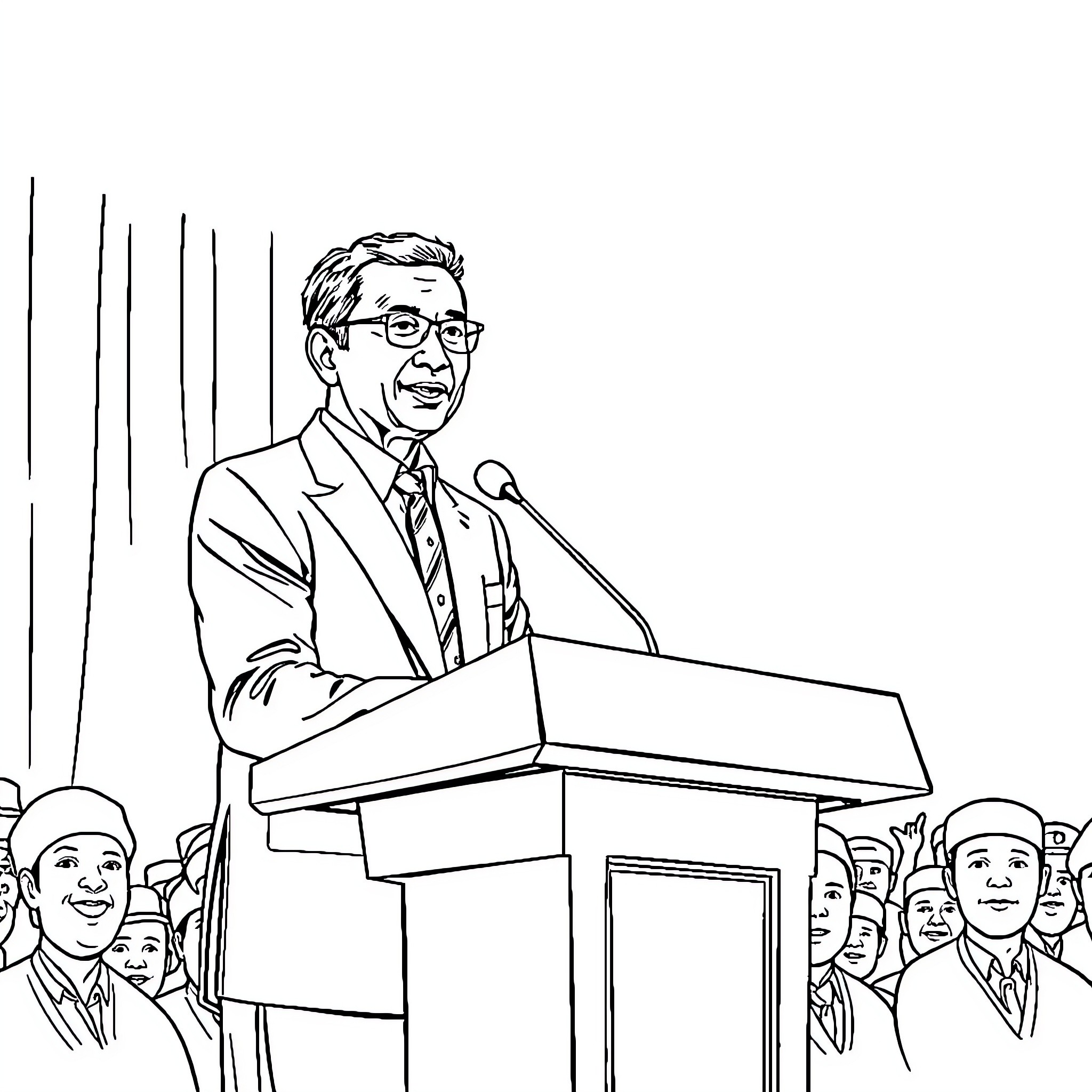 Jokowi Addressing a Crowd at a Public Event Coloring Page (free black-and-white line drawing printable PDF for all, from beginners to advanced learners, including children, teens, adults, and seniors)