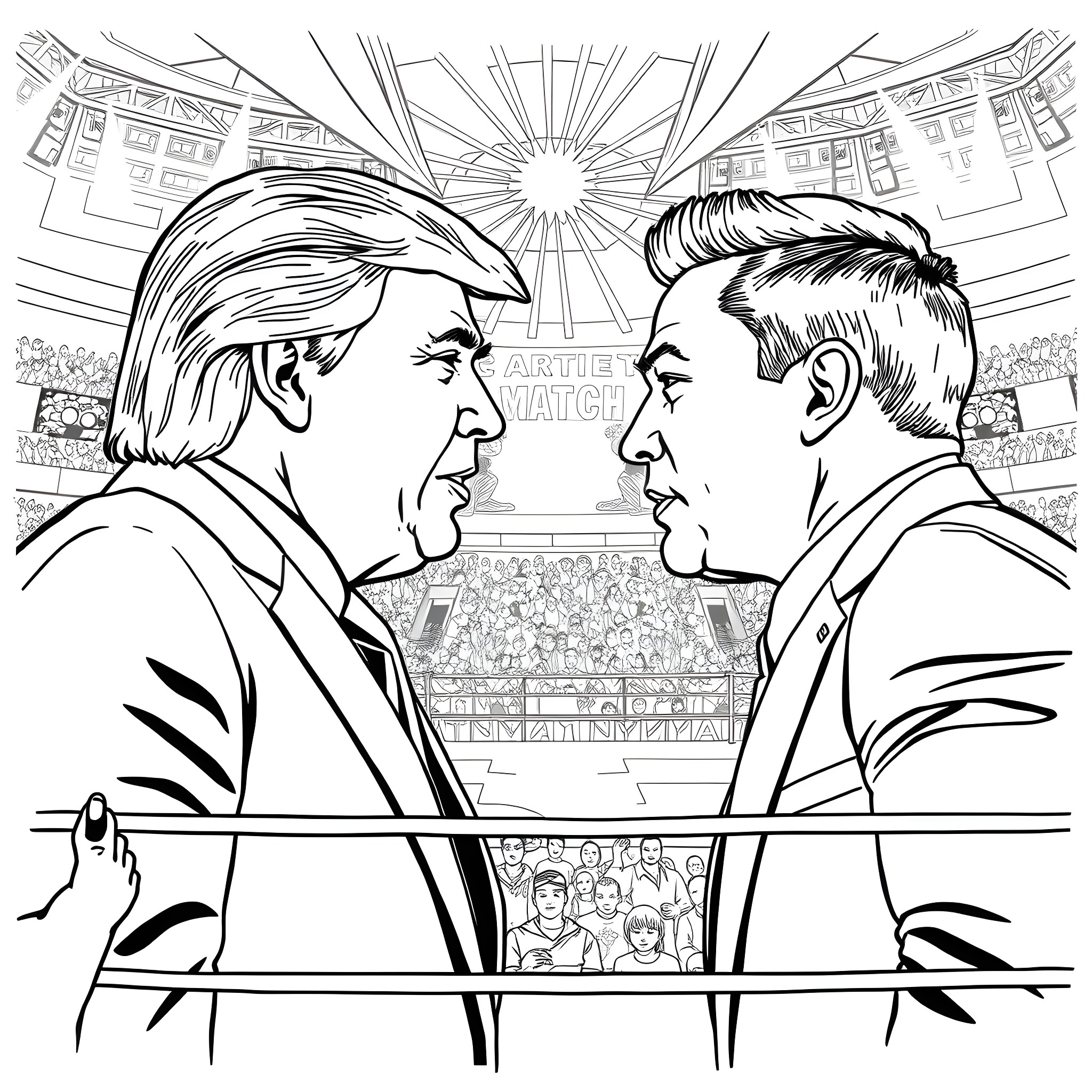 Donald Trump and Joe Biden in a heated political debate Coloring Page (free black-and-white line drawing printable PDF for all, from beginners to advanced learners, including children, teens, adults, and seniors)