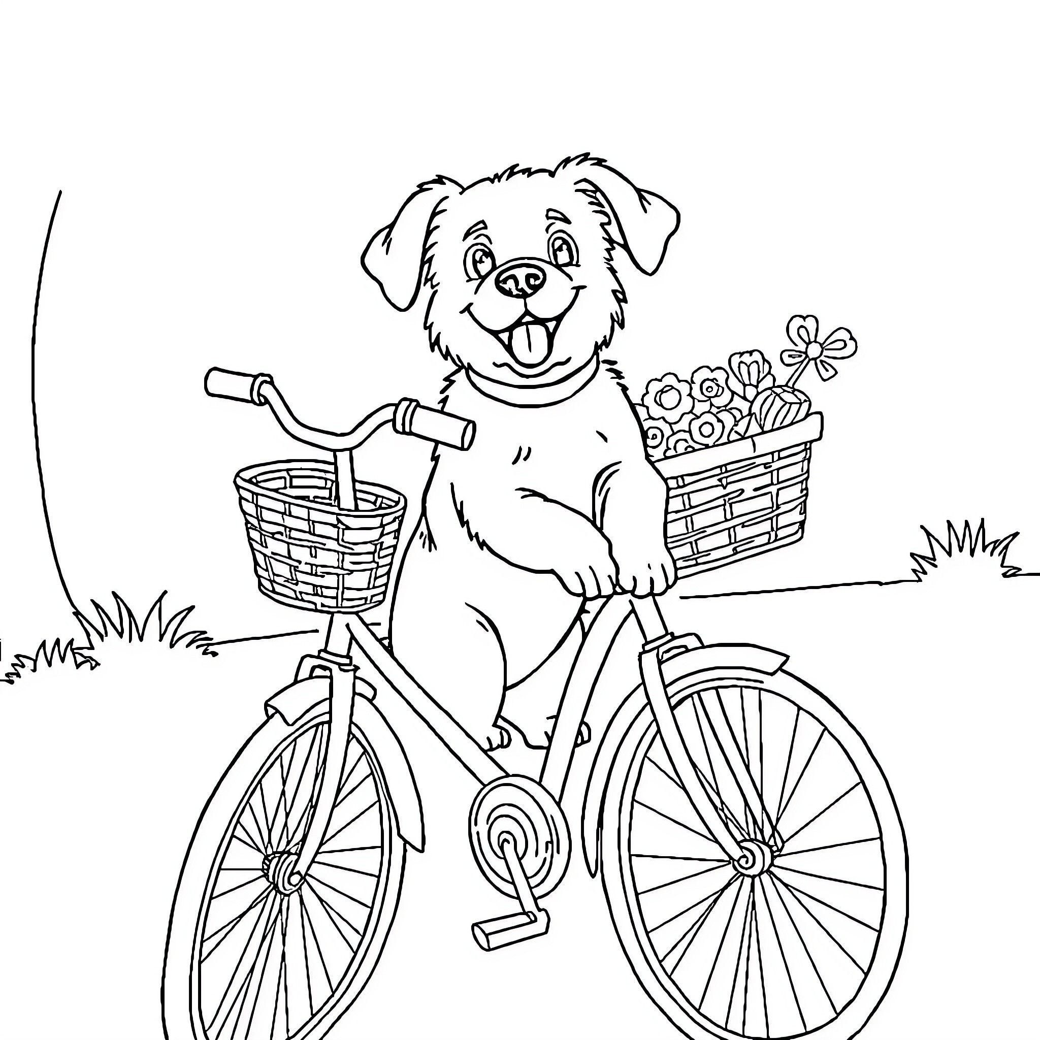 Dog riding a bicycle with a basket of flowers Coloring Page (free black-and-white line drawing printable PDF for all, from beginners to advanced learners, including children, teens, adults, and seniors)