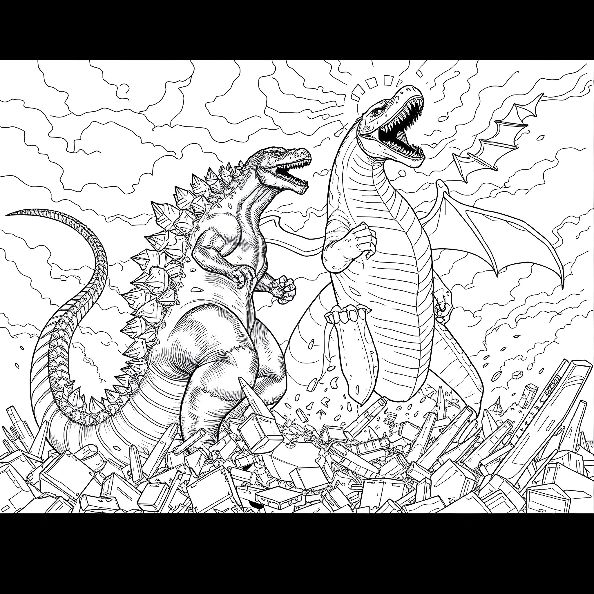 Godzilla Titans Battle in Ruined City Coloring Page (free black-and-white line drawing printable PDF for all, from beginners to advanced learners, including children, teens, adults, and seniors)