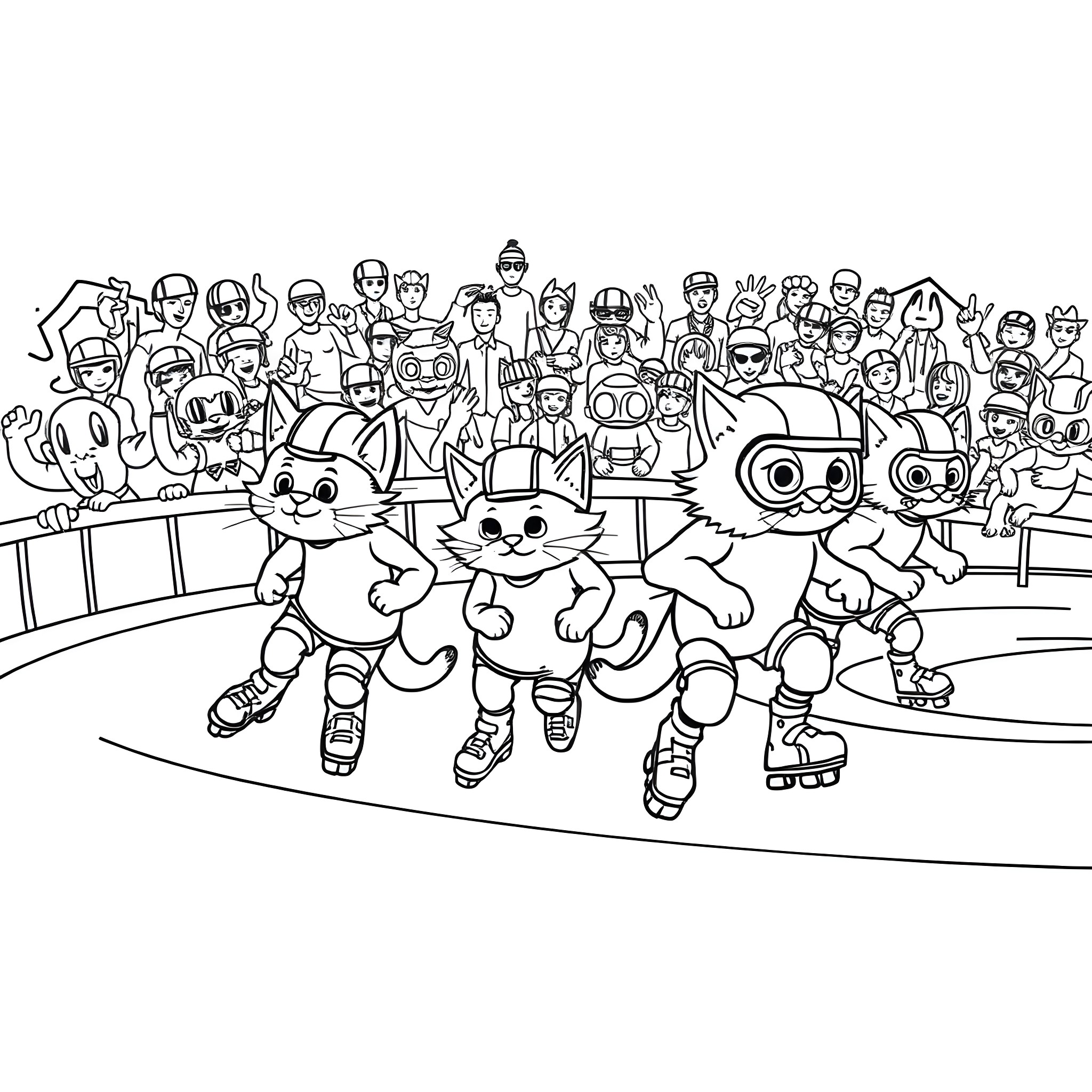 Cat characters performing on a stage Coloring Page (free black-and-white line drawing printable PDF for all, from beginners to advanced learners, including children, teens, adults, and seniors)