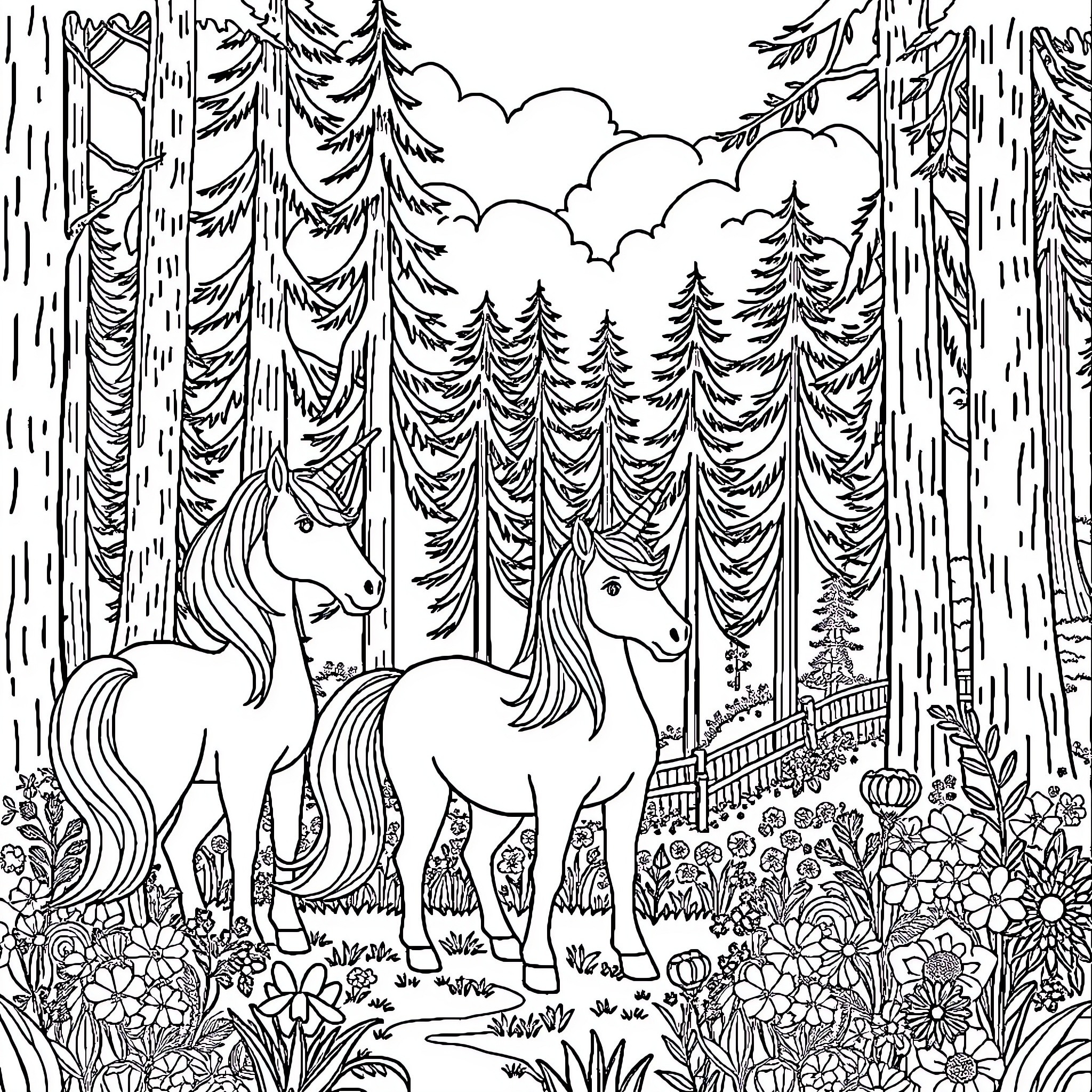 Unicorn pair exploring enchanted forest landscape Coloring Page (free black-and-white line drawing printable PDF for all, from beginners to advanced learners, including children, teens, adults, and seniors)