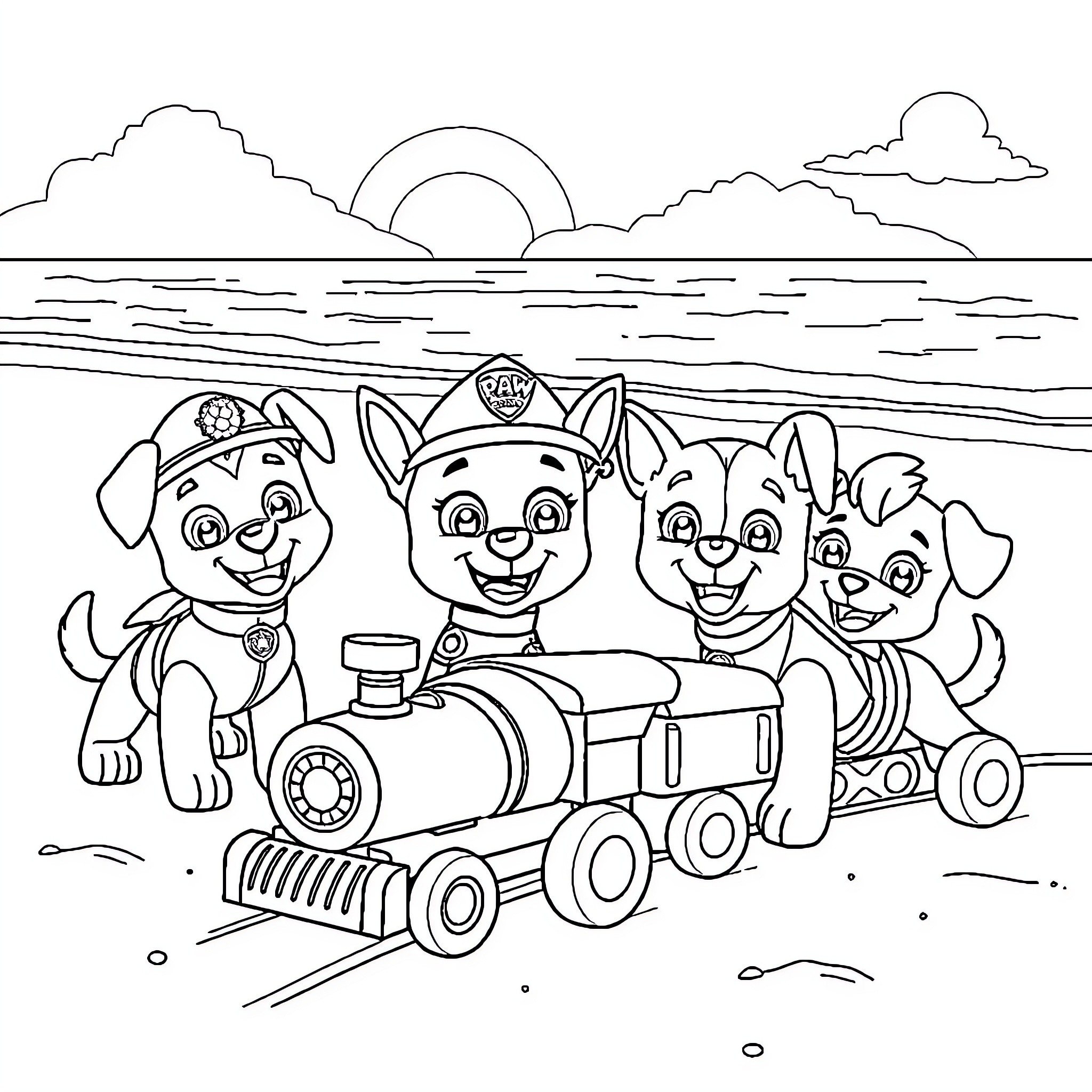 Paw Patrol's Adventure at the Beach Coloring Page (free black-and-white line drawing printable PDF for all, from beginners to advanced learners, including children, teens, adults, and seniors)