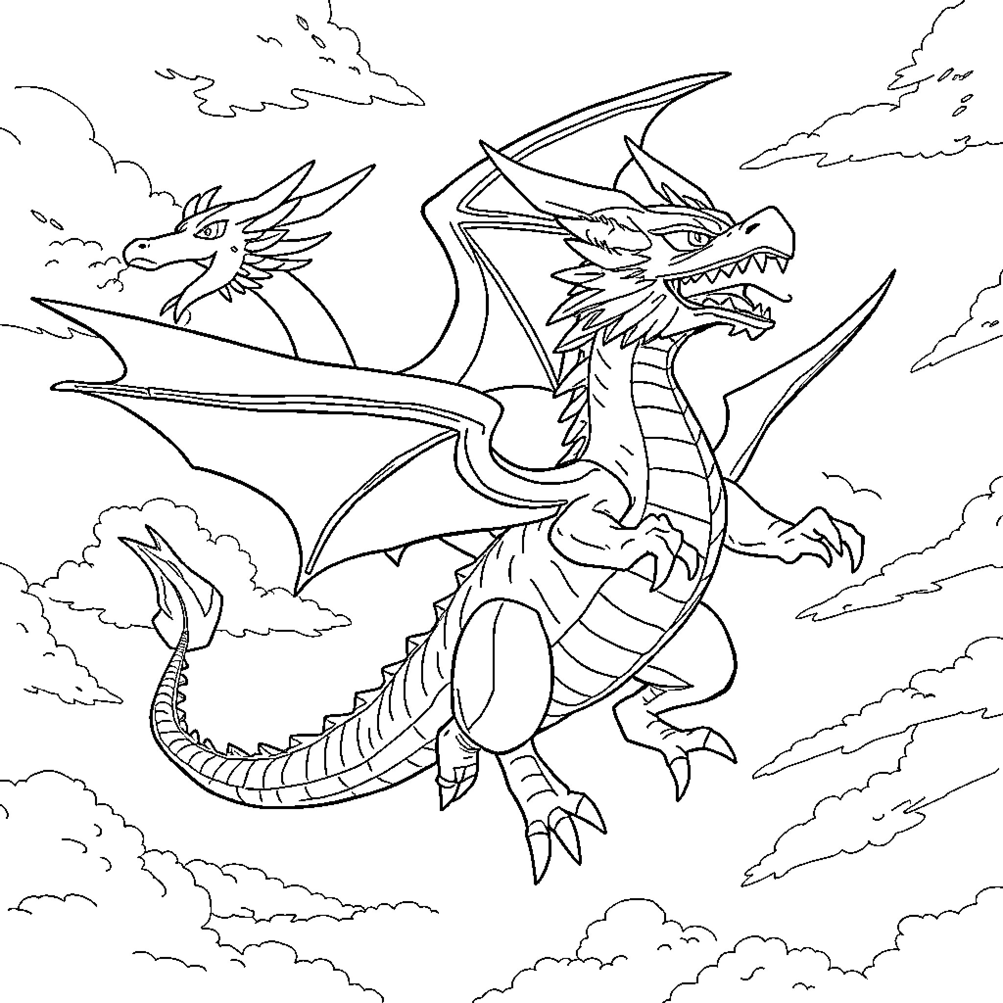 Dragon soaring through the sky with wings spread Coloring Page (free black-and-white line drawing printable PDF for all, from beginners to advanced learners, including children, teens, adults, and seniors)