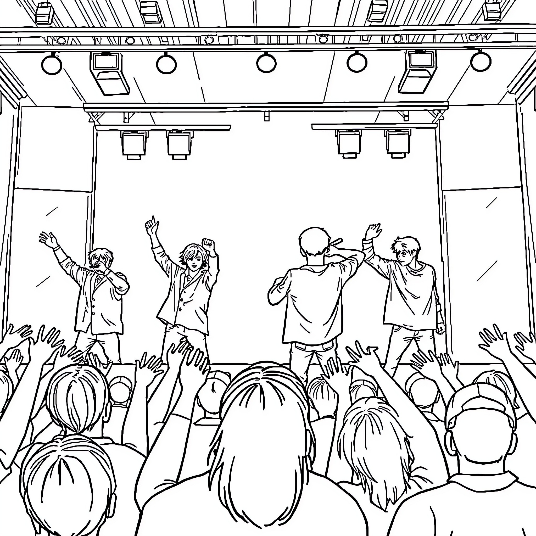 BTS performing on stage with excited fans Coloring Page (free black-and-white line drawing printable PDF for all, from beginners to advanced learners, including children, teens, adults, and seniors)