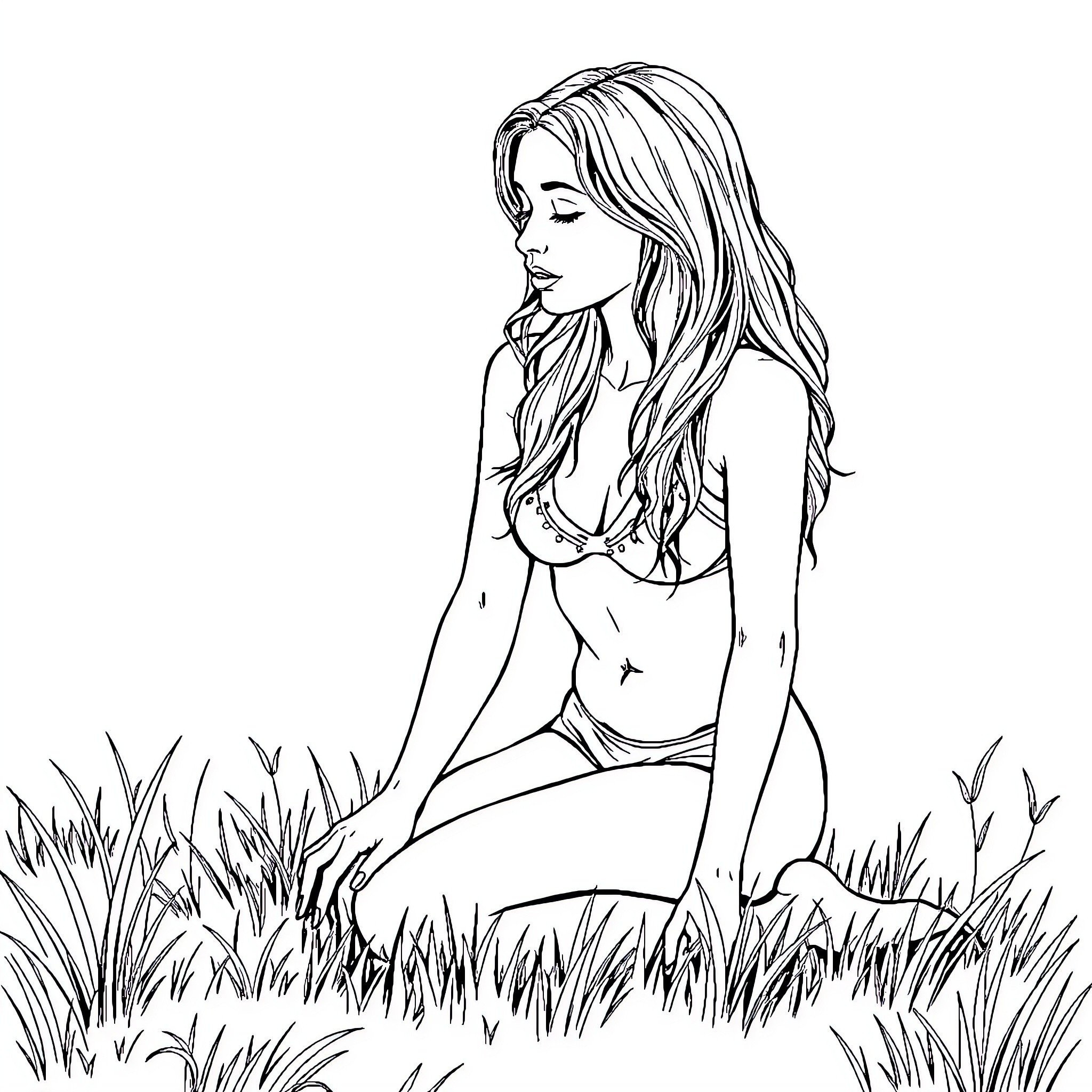 Girl in contemplative pose in lush meadow Coloring Page (free black-and-white line drawing printable PDF for all, from beginners to advanced learners, including children, teens, adults, and seniors)