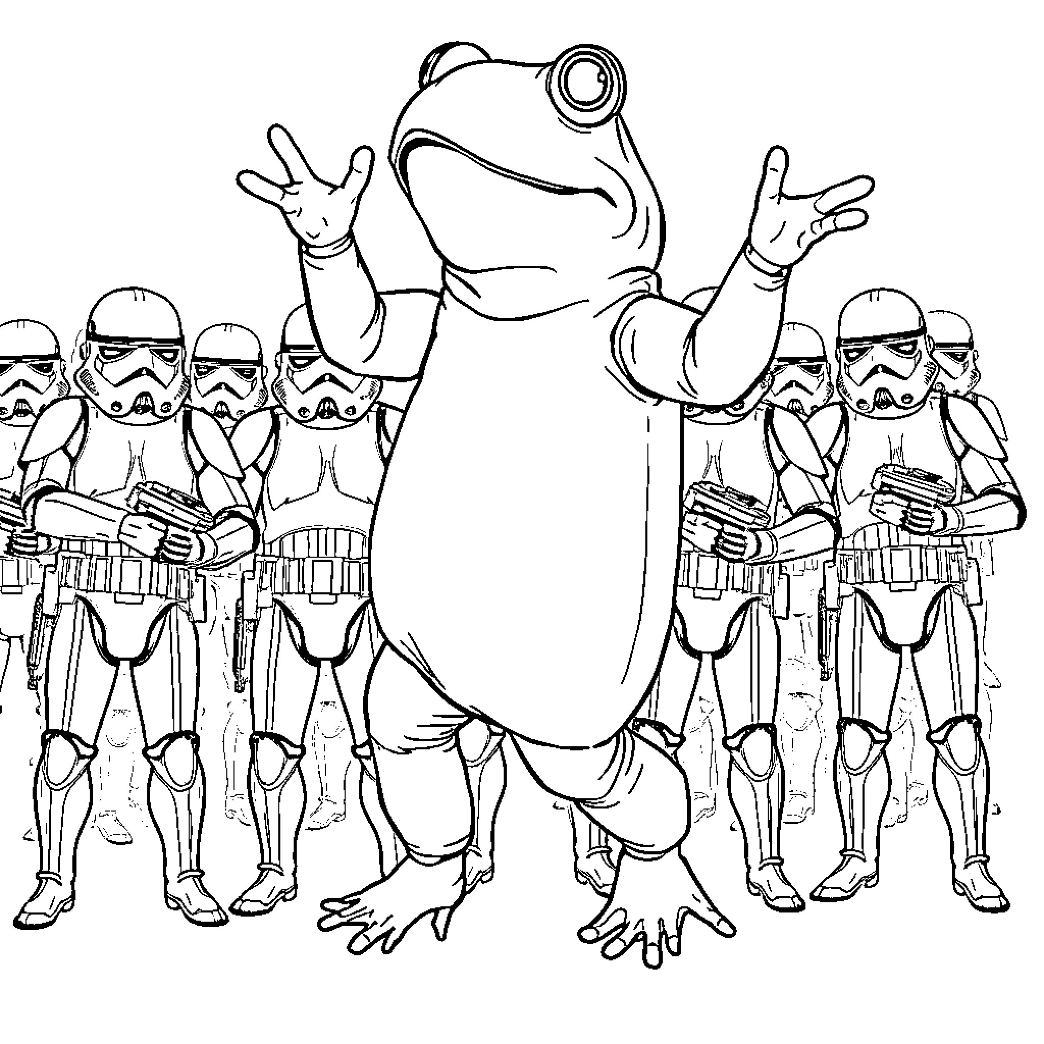 Frog celebrating with stormtroopers Coloring Page (free black-and-white line drawing printable PDF for all, from beginners to advanced learners, including children, teens, adults, and seniors)