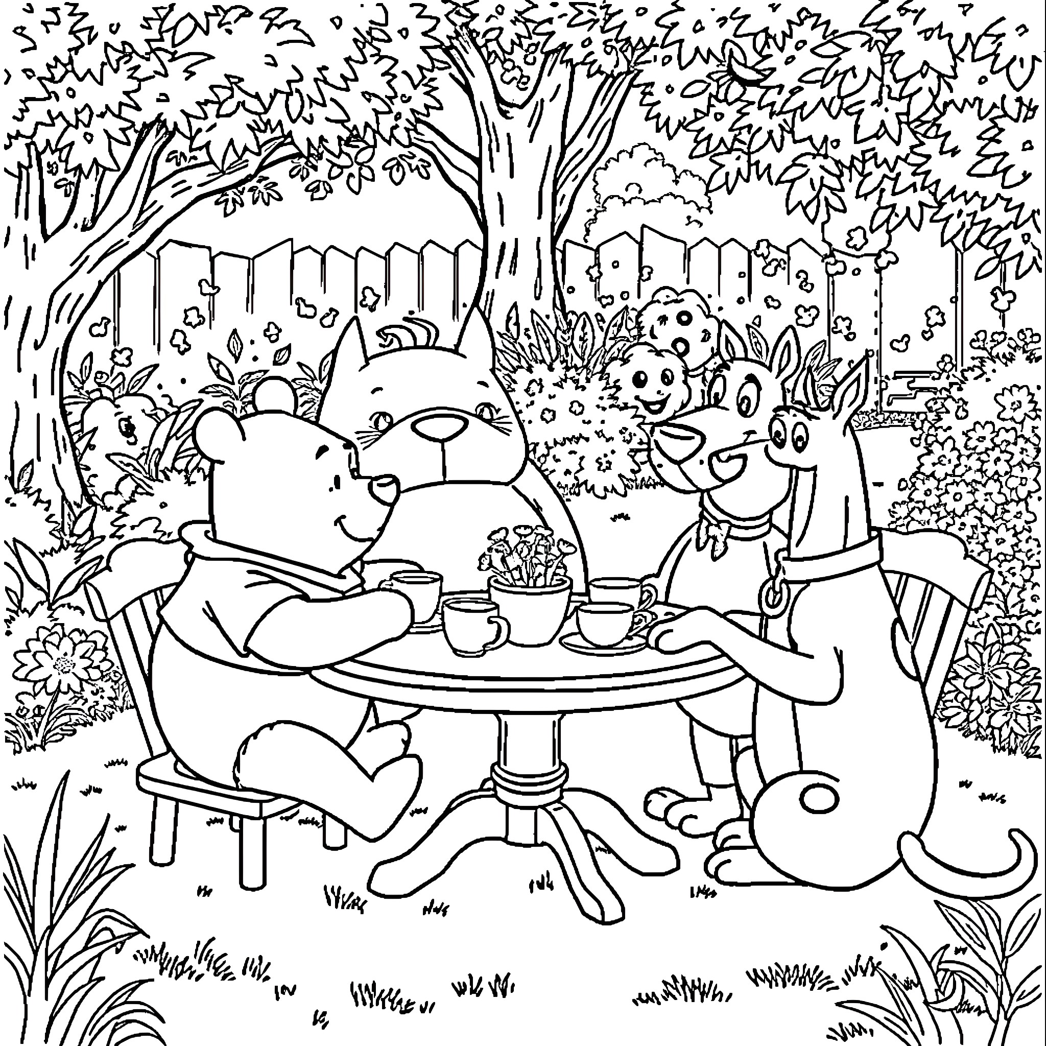 Winnie The Pooh having a tea party with friends in the park Coloring Page (free black-and-white line drawing printable PDF for all, from beginners to advanced learners, including children, teens, adults, and seniors)