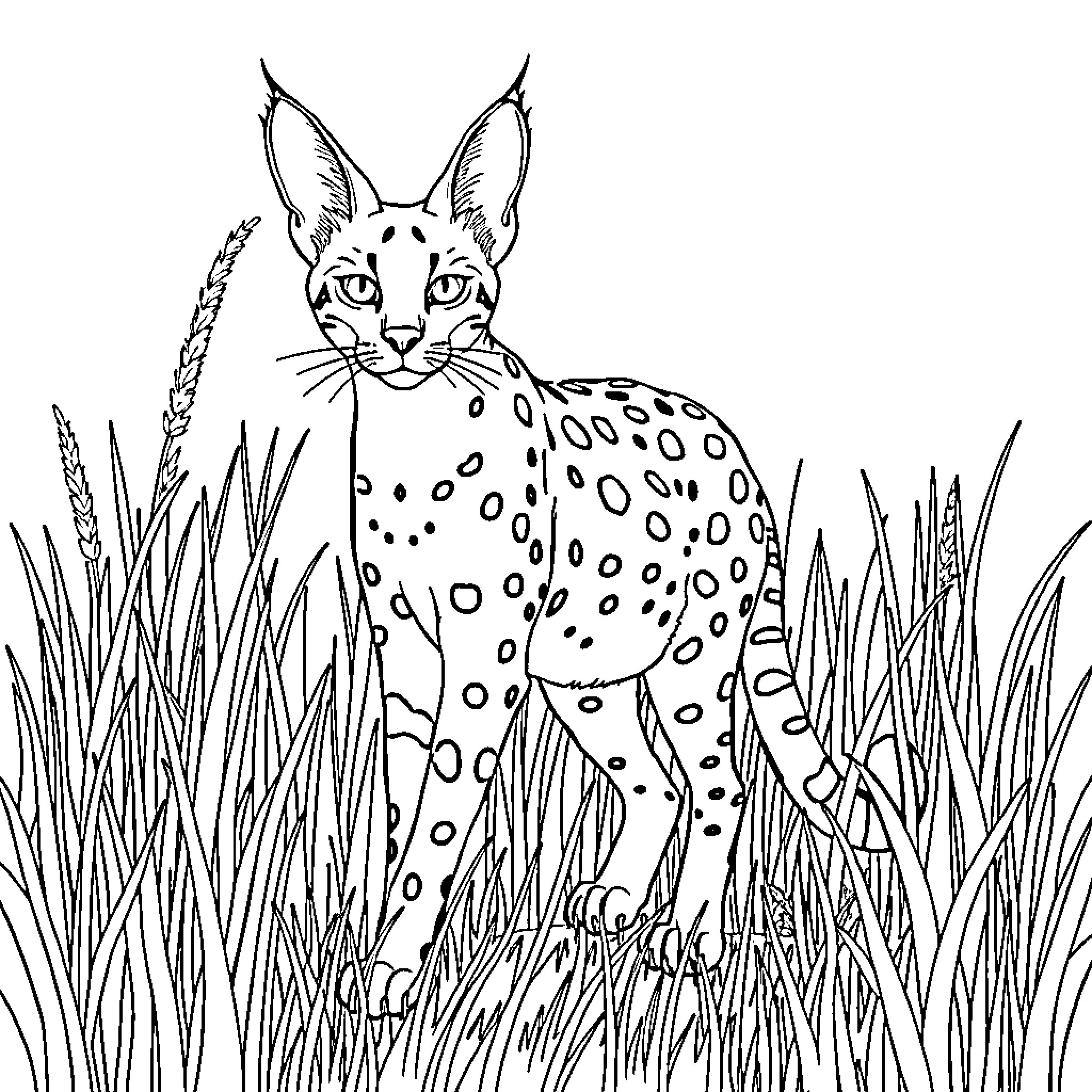 Serval peeking through tall grass Coloring Page (free black-and-white line drawing printable PDF for all, from beginners to advanced learners, including children, teens, adults, and seniors)