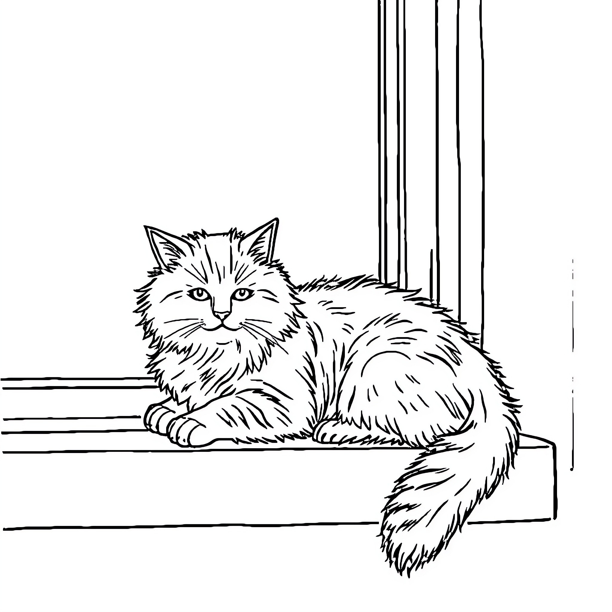 Cat resting on the windowsill Coloring Page (free black-and-white line drawing printable PDF for all, from beginners to advanced learners, including children, teens, adults, and seniors)