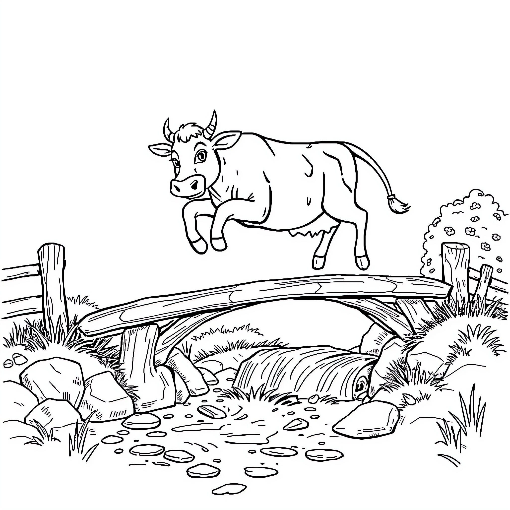 Cow jumping over a stream Coloring Page (free black-and-white line drawing printable PDF for all, from beginners to advanced learners, including children, teens, adults, and seniors)