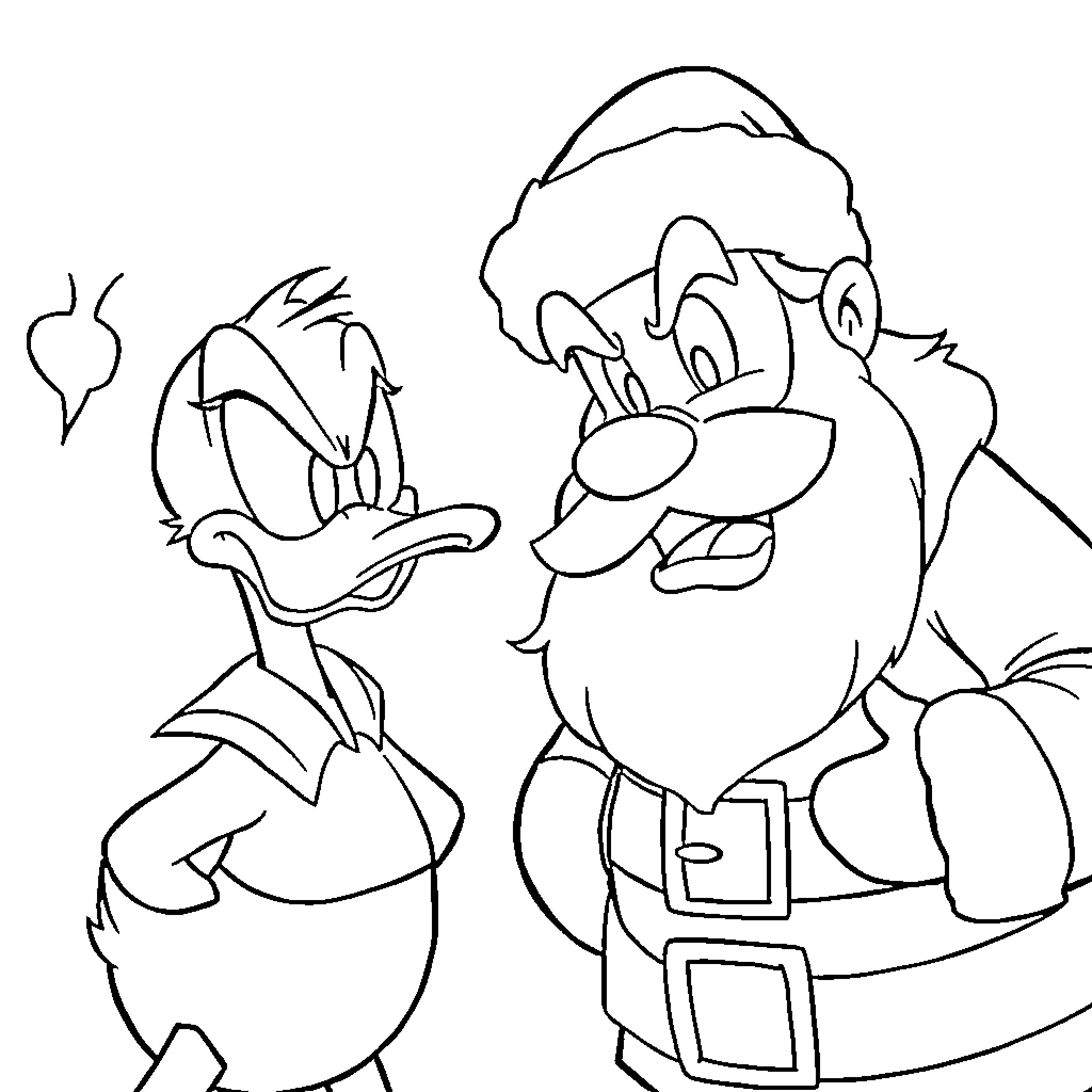 Donald Duck and Santa Claus Smiling and Interacting Coloring Page (free black-and-white line drawing printable PDF for all, from beginners to advanced learners, including children, teens, adults, and seniors)