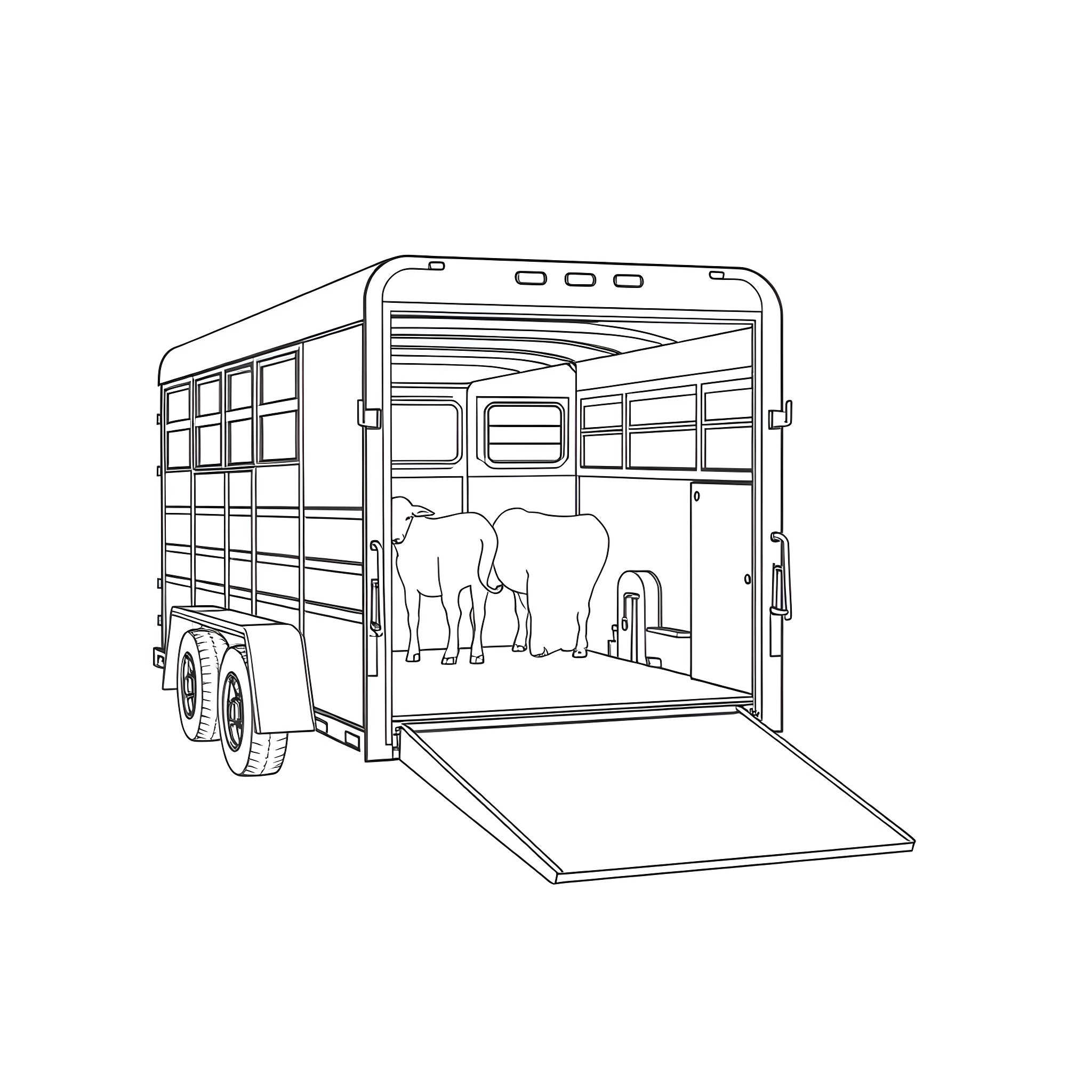 Gooseneck Trailer Transporting Livestock Coloring Page (free black-and-white line drawing printable PDF for all, from beginners to advanced learners, including children, teens, adults, and seniors)