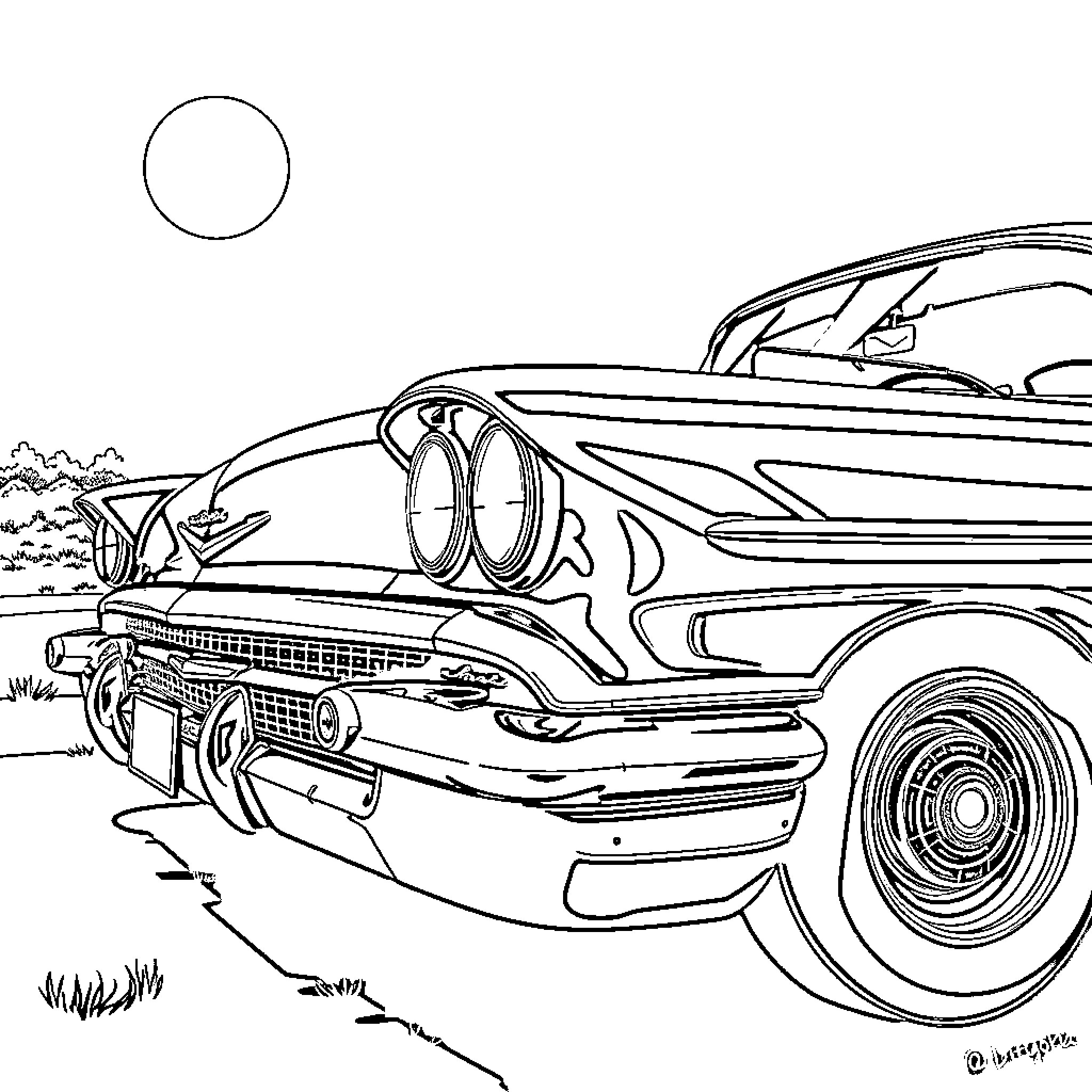 Chevrolet classic car cruising through scenic countryside Coloring Page (free black-and-white line drawing printable PDF for all, from beginners to advanced learners, including children, teens, adults, and seniors)