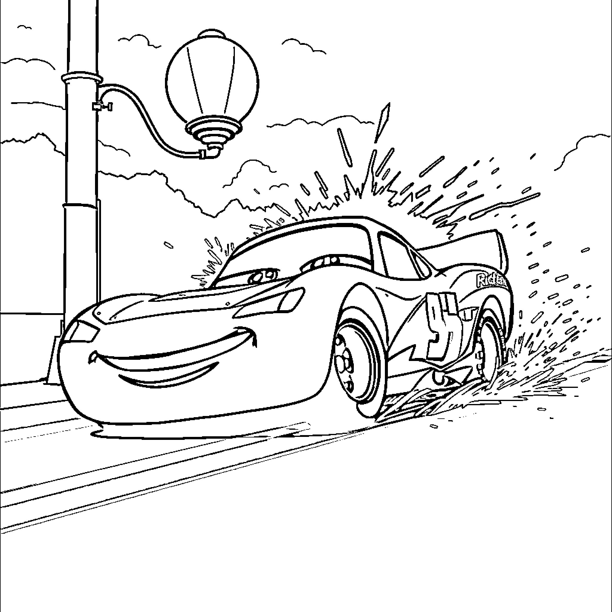 Lightning McQueen speeding through the city streets Coloring Page (free black-and-white line drawing printable PDF for all, from beginners to advanced learners, including children, teens, adults, and seniors)