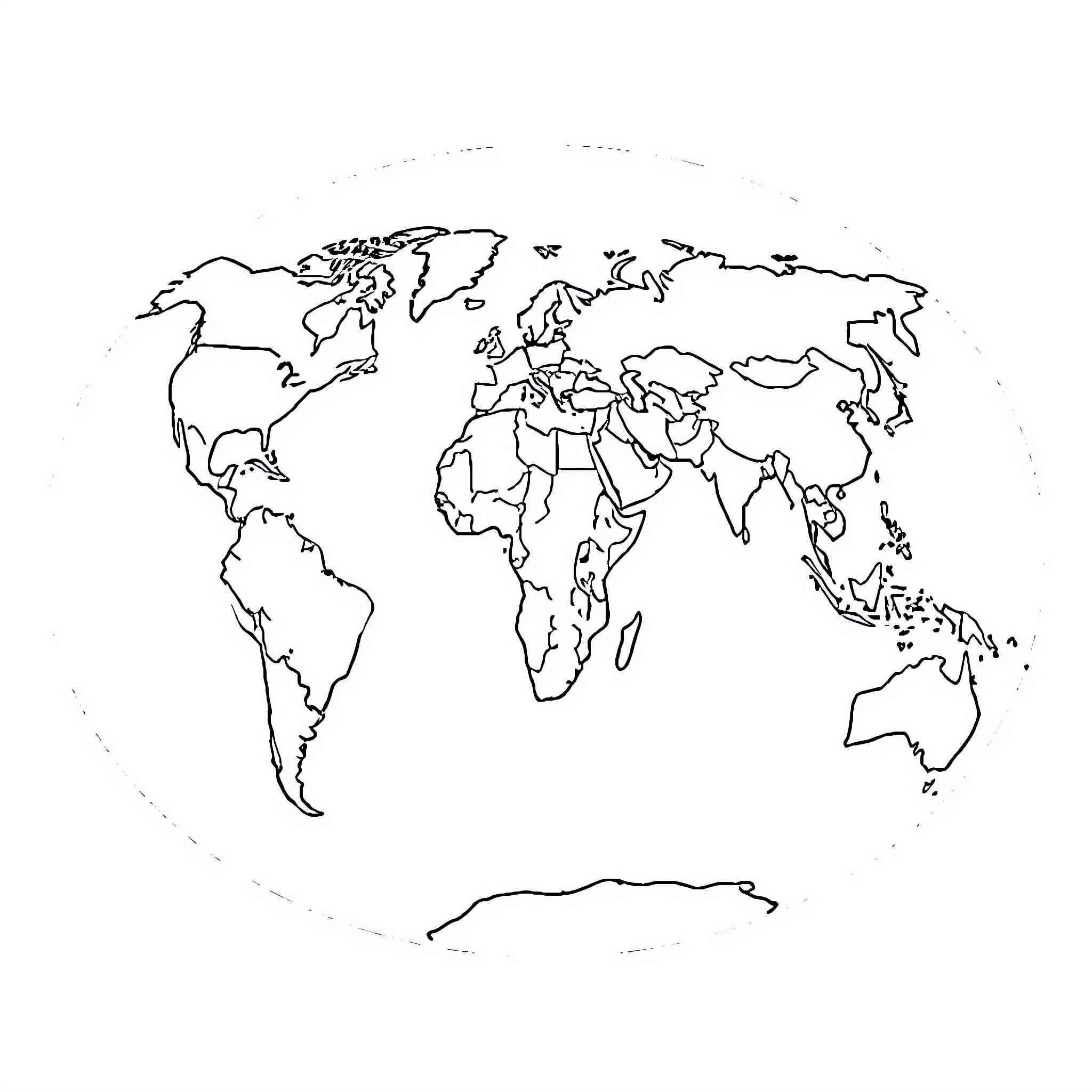 World Map of Continents and Oceans Coloring Page (free black-and-white line drawing printable PDF for all, from beginners to advanced learners, including children, teens, adults, and seniors)
