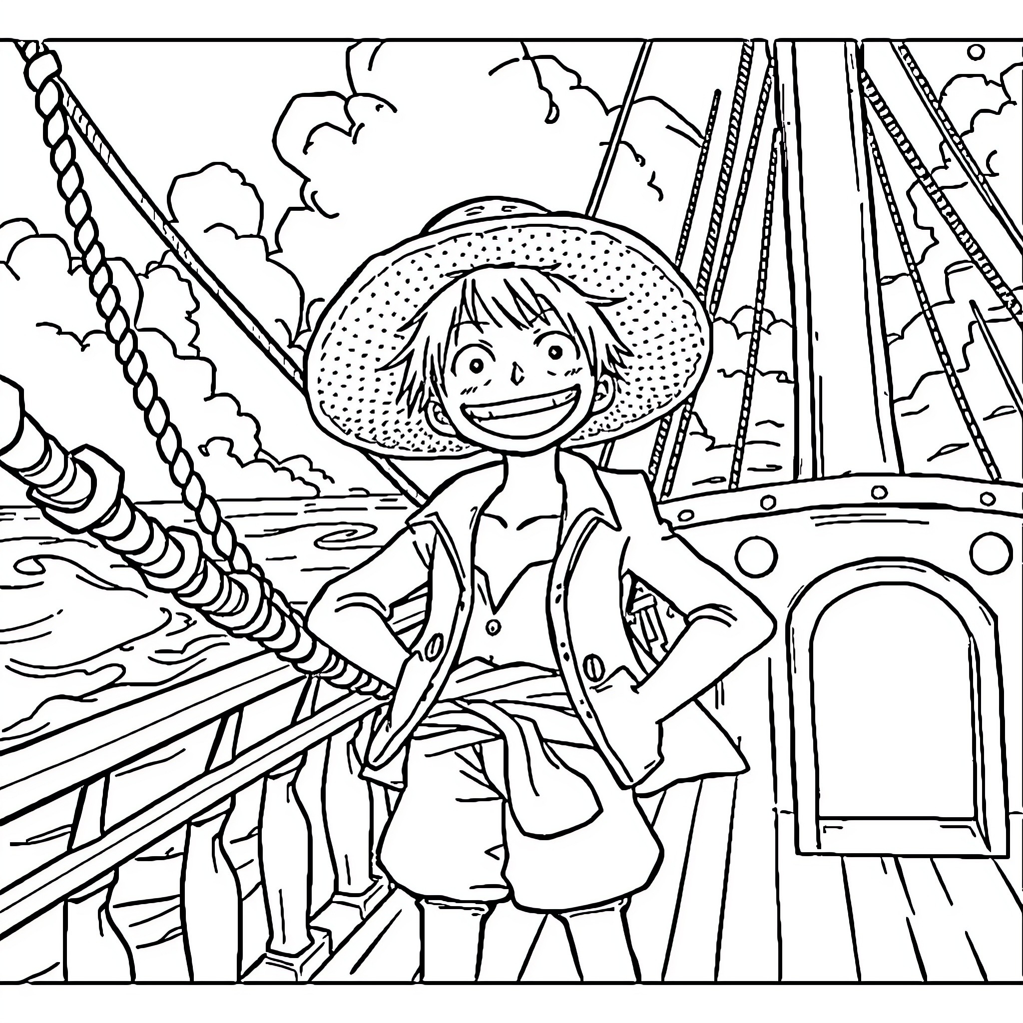 Luffy's Nautical Adventures Coloring Page (free black-and-white line drawing printable PDF for all, from beginners to advanced learners, including children, teens, adults, and seniors)