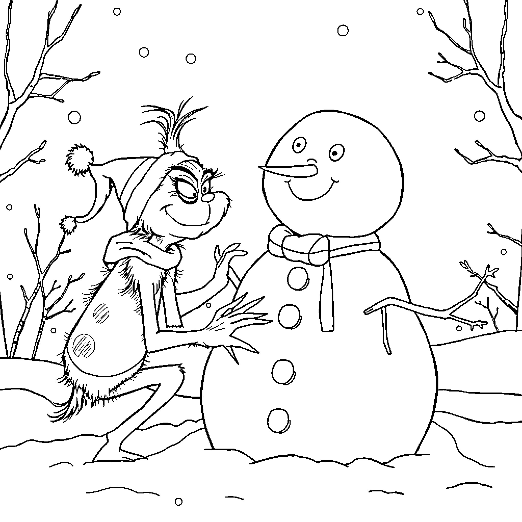 Grinch and Snowman in Wintery Wonderland Coloring Page (free black-and-white line drawing printable PDF for all, from beginners to advanced learners, including children, teens, adults, and seniors)