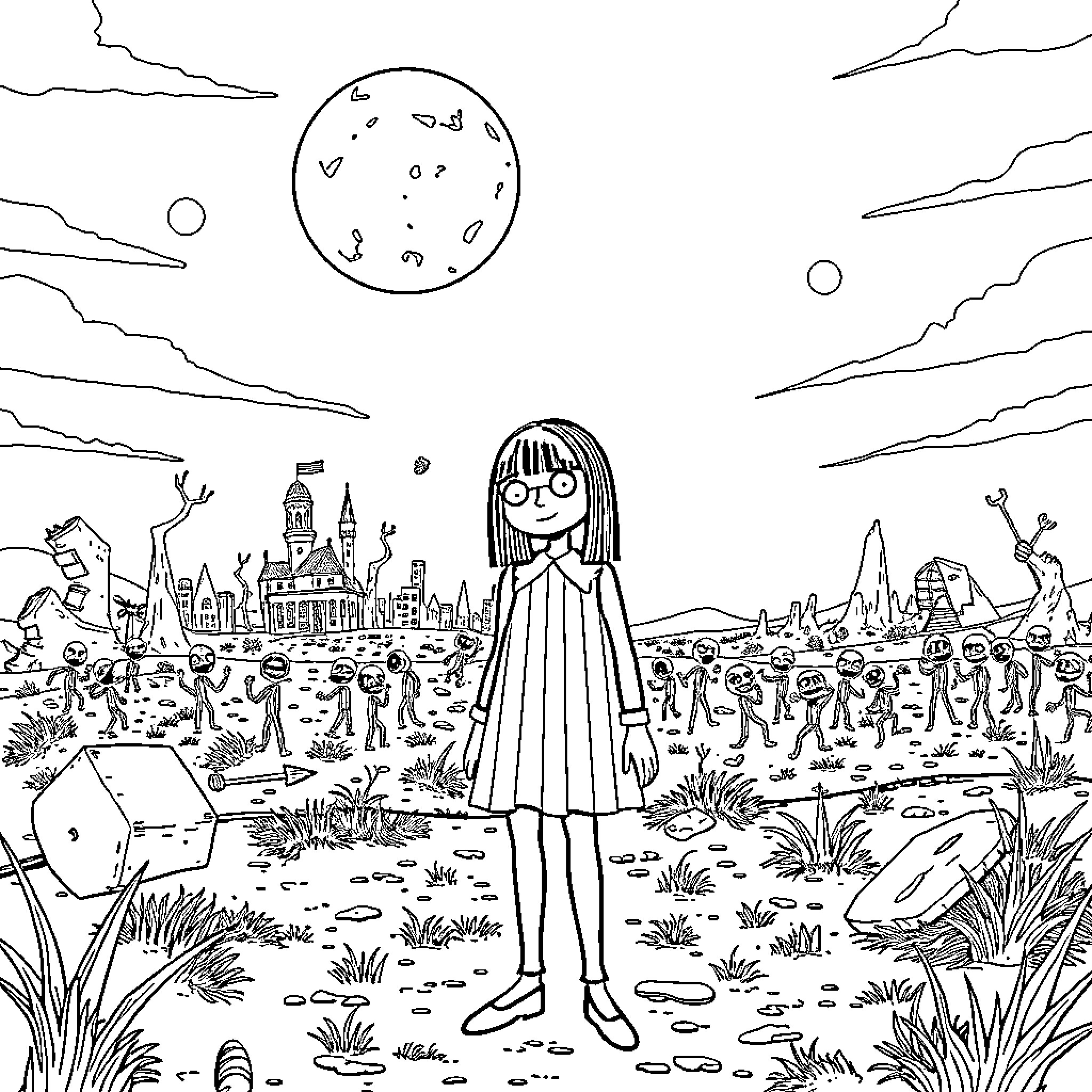 Wednesday at the Whimsical Wonderland Coloring Page (free black-and-white line drawing printable PDF for all, from beginners to advanced learners, including children, teens, adults, and seniors)