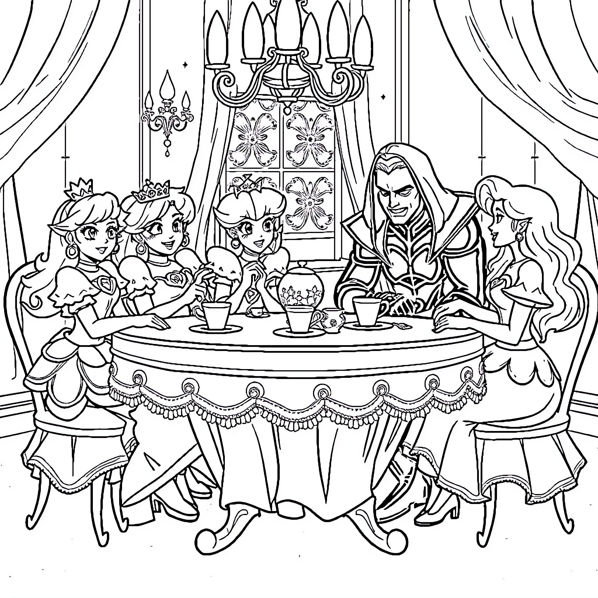 Princess Tea Party with Royal Companions Coloring Page (free black-and-white line drawing printable PDF for all, from beginners to advanced learners, including children, teens, adults, and seniors)