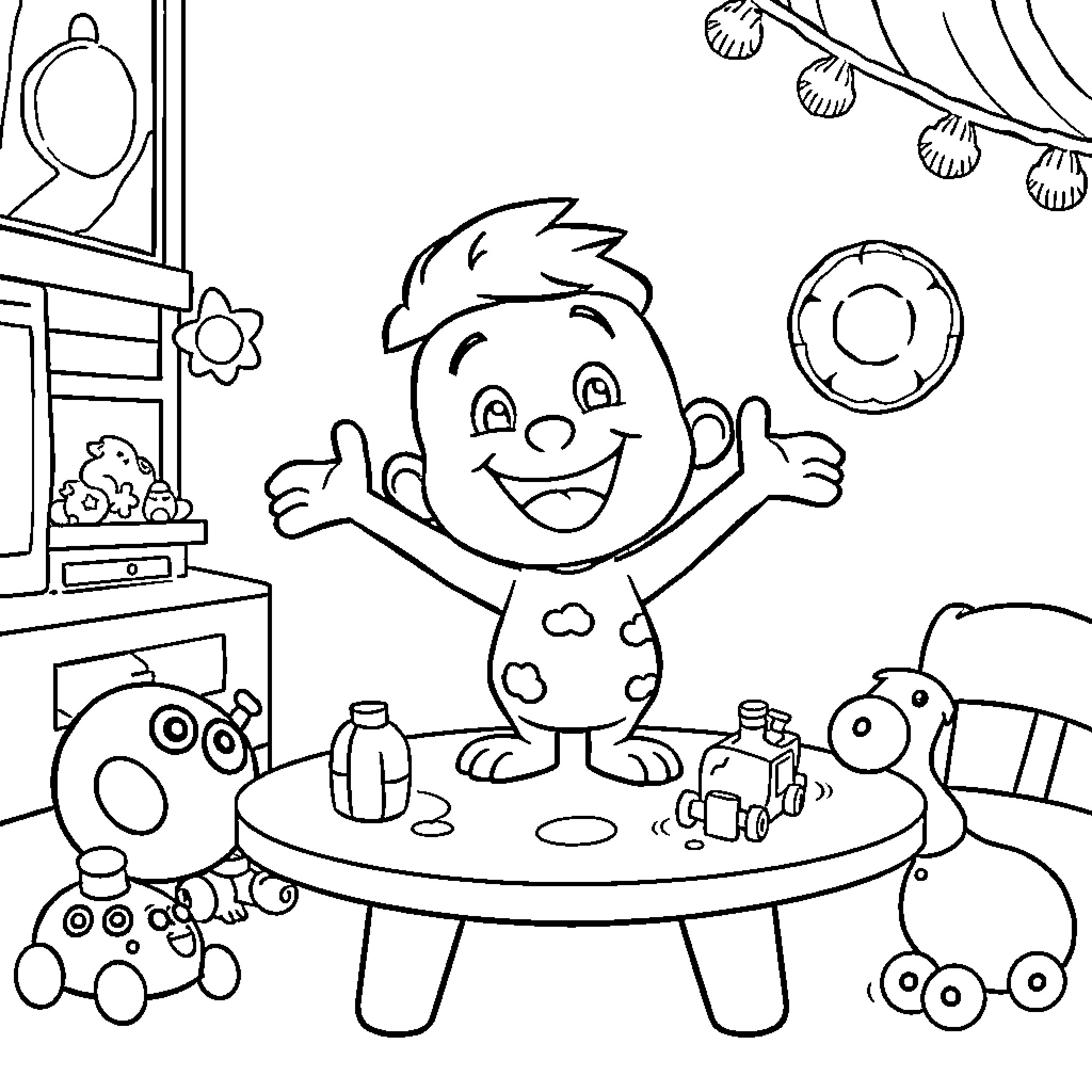 Bing Playing with Toys in Bedroom Coloring Page (free black-and-white line drawing printable PDF for all, from beginners to advanced learners, including children, teens, adults, and seniors)