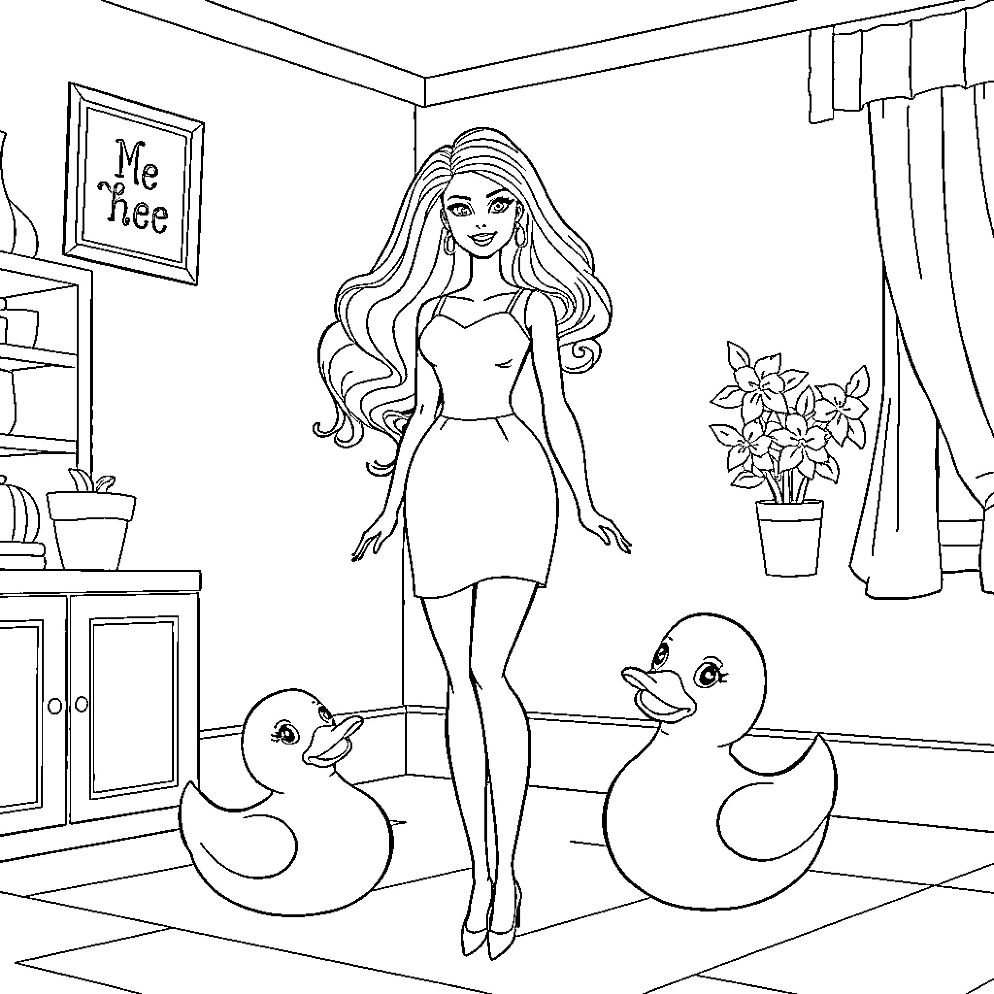 Barbie posing in her room with playful ducklings Coloring Page (free black-and-white line drawing printable PDF for all, from beginners to advanced learners, including children, teens, adults, and seniors)