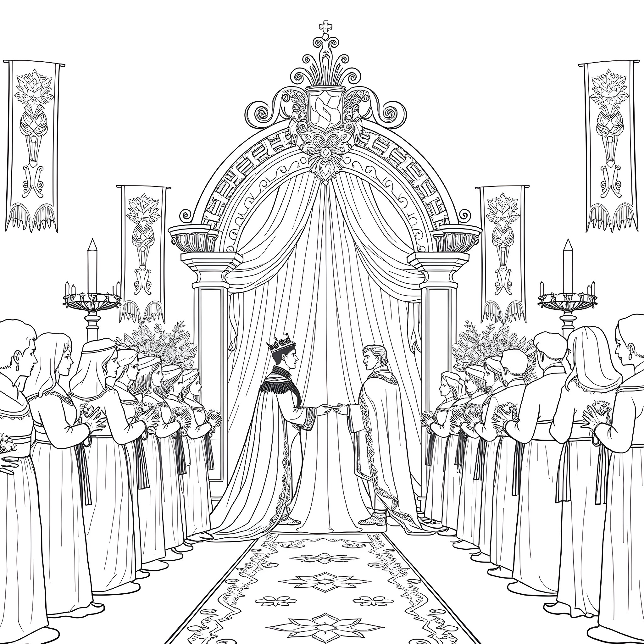 Prince's Ceremonial Procession in an Ornate Palace Coloring Page (free black-and-white line drawing printable PDF for all, from beginners to advanced learners, including children, teens, adults, and seniors)
