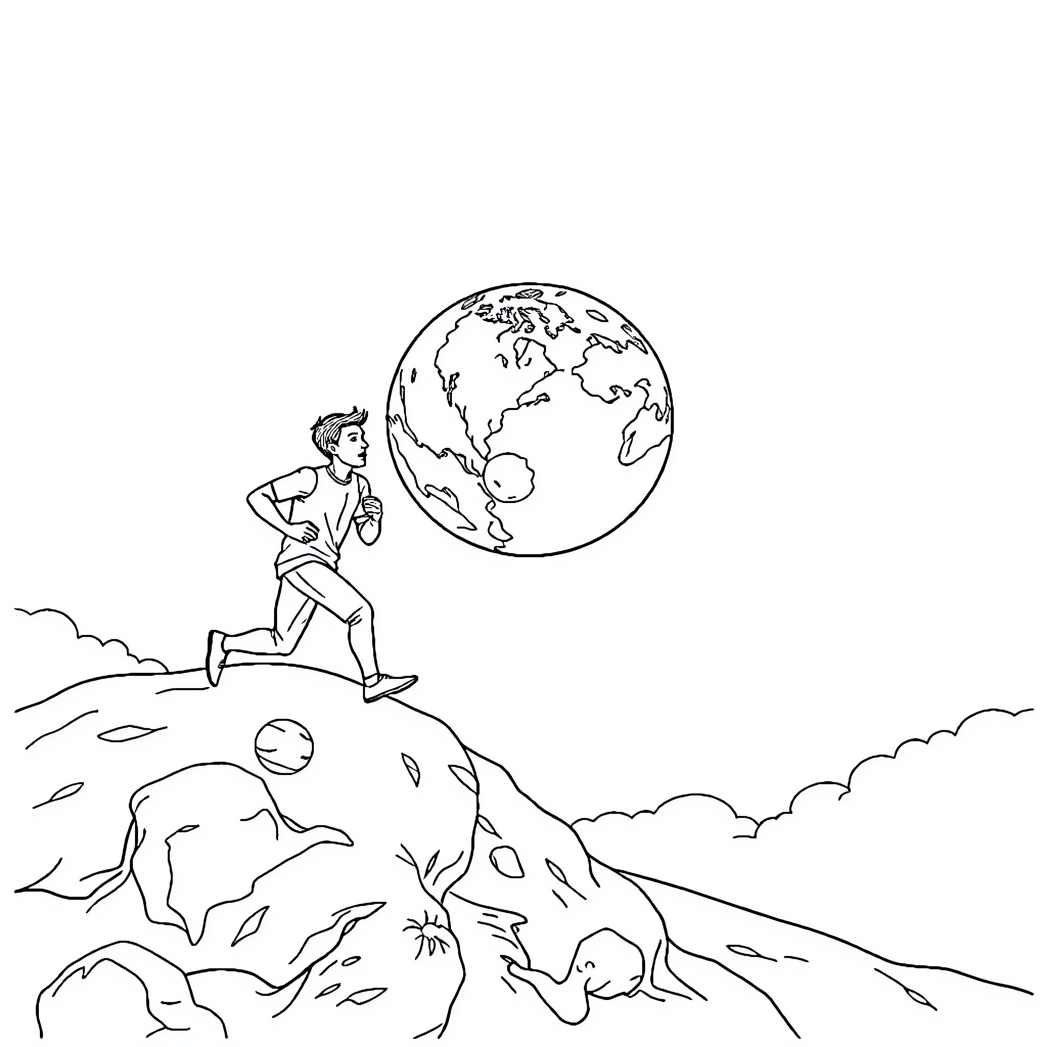 Man exploring the world with a globe Coloring Page (free black-and-white line drawing printable PDF for all, from beginners to advanced learners, including children, teens, adults, and seniors)