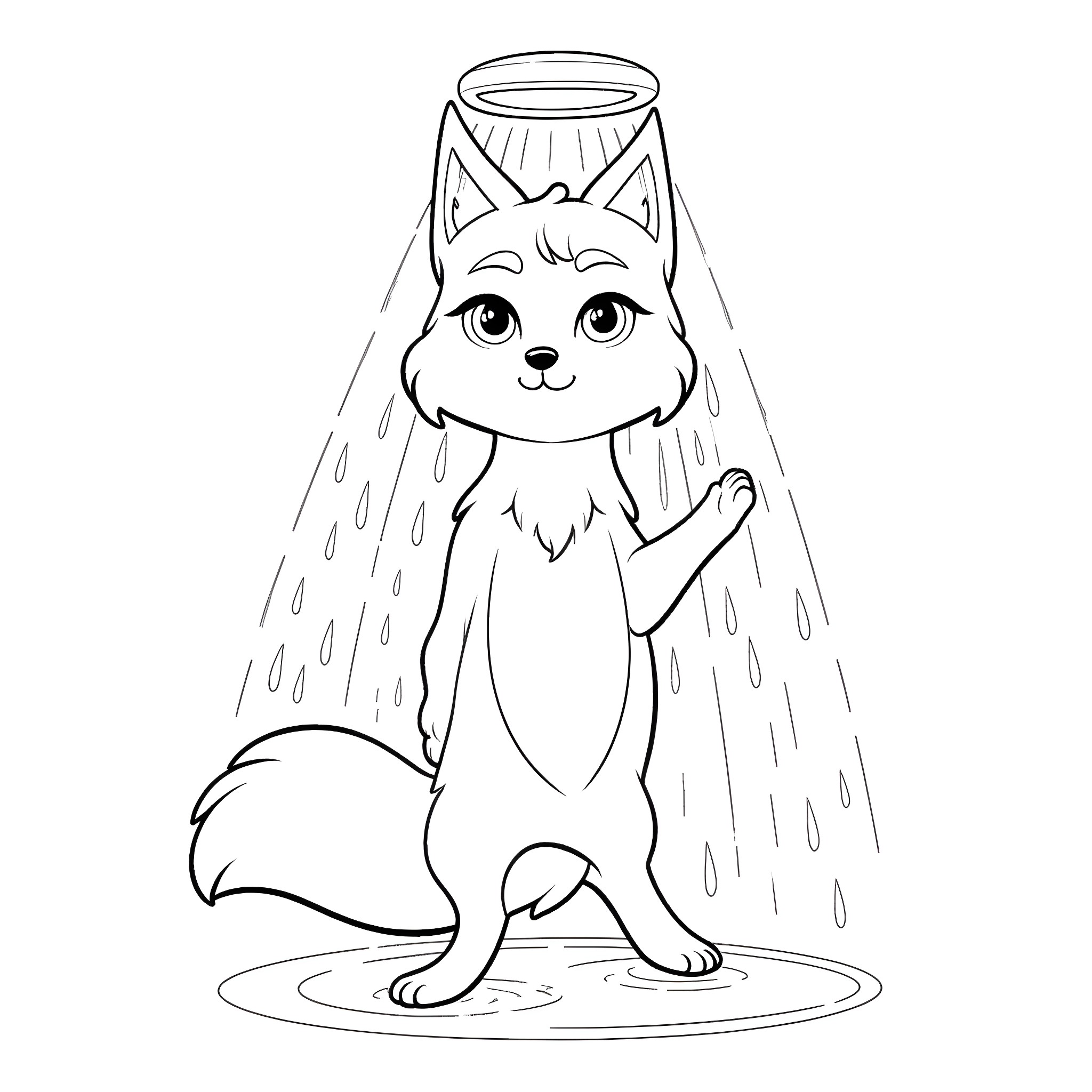 Fox enjoying the rain under a bowl Coloring Page (free black-and-white line drawing printable PDF for all, from beginners to advanced learners, including children, teens, adults, and seniors)