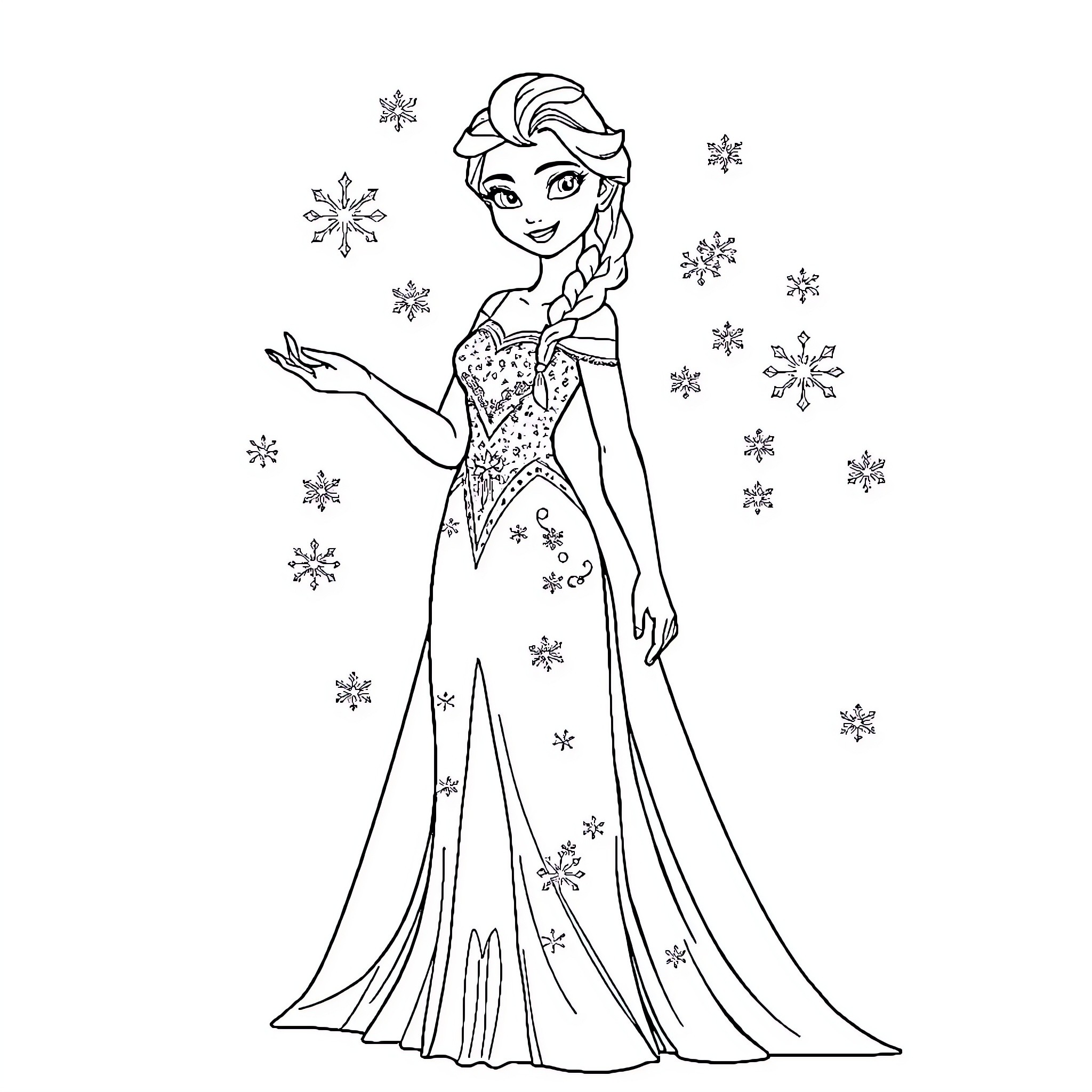Elsa's Magical Winter Wonderland Coloring Page (free black-and-white line drawing printable PDF for all, from beginners to advanced learners, including children, teens, adults, and seniors)